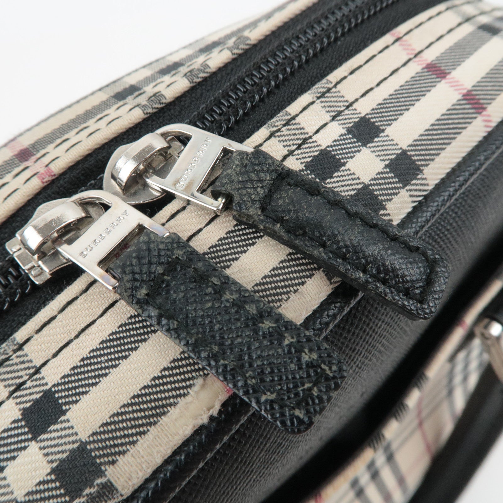 BURBERRY Nova Plaid Canvas Leather Handbag Beige Black