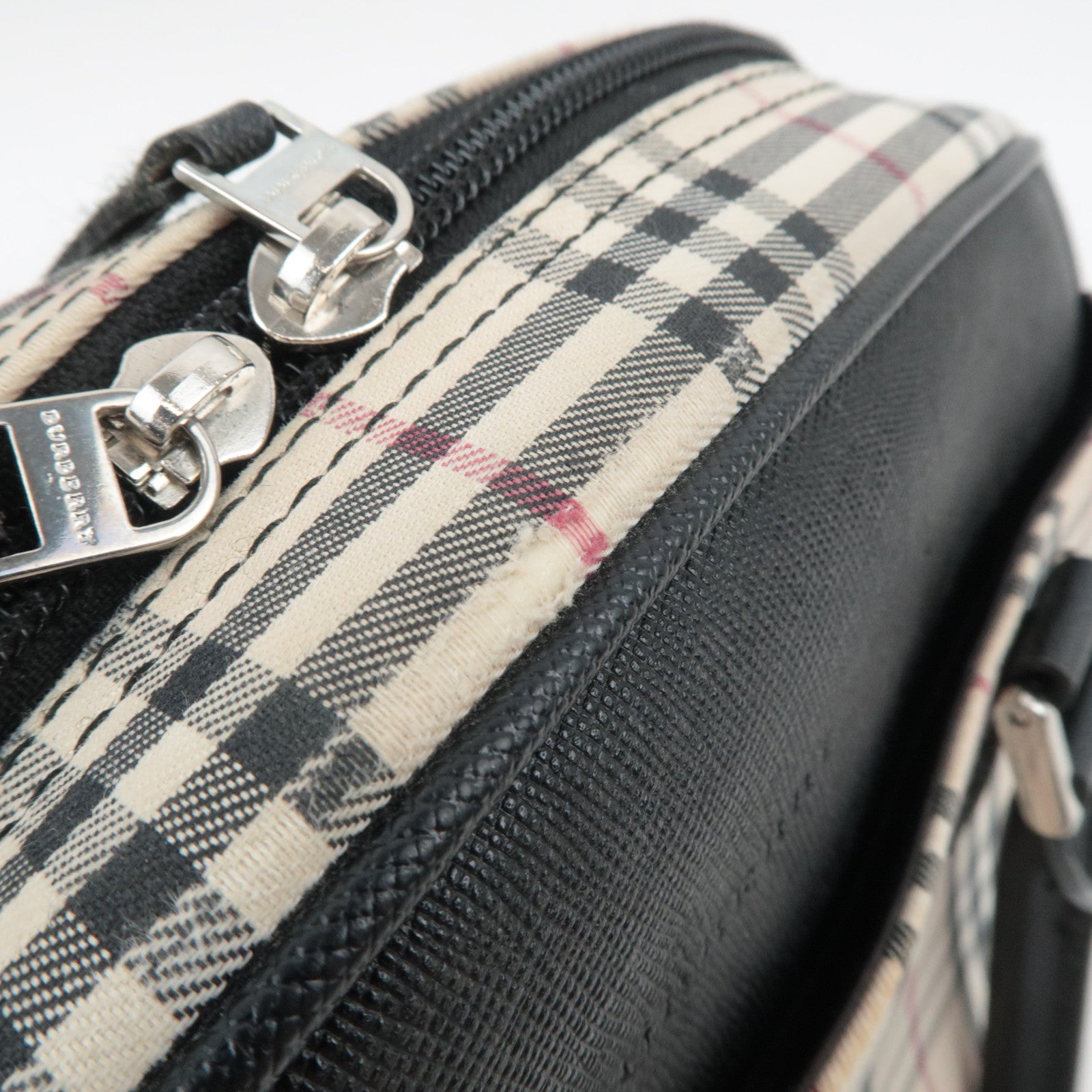 BURBERRY Nova Plaid Canvas Leather Handbag Beige Black