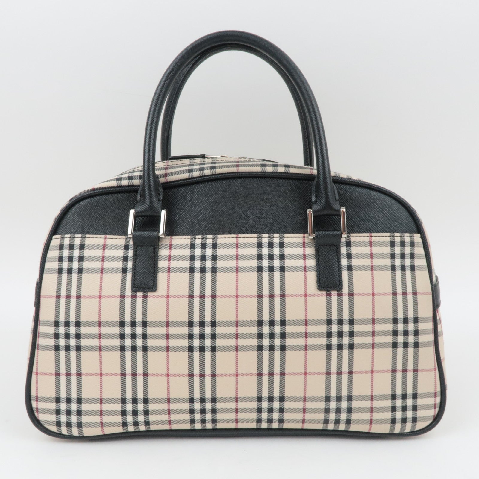 BURBERRY Nova Plaid Canvas Leather Handbag Beige Black