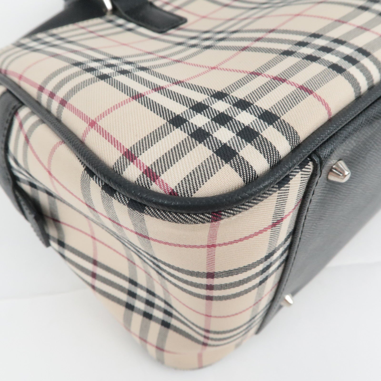 BURBERRY Nova Plaid Canvas Leather Handbag Beige Black