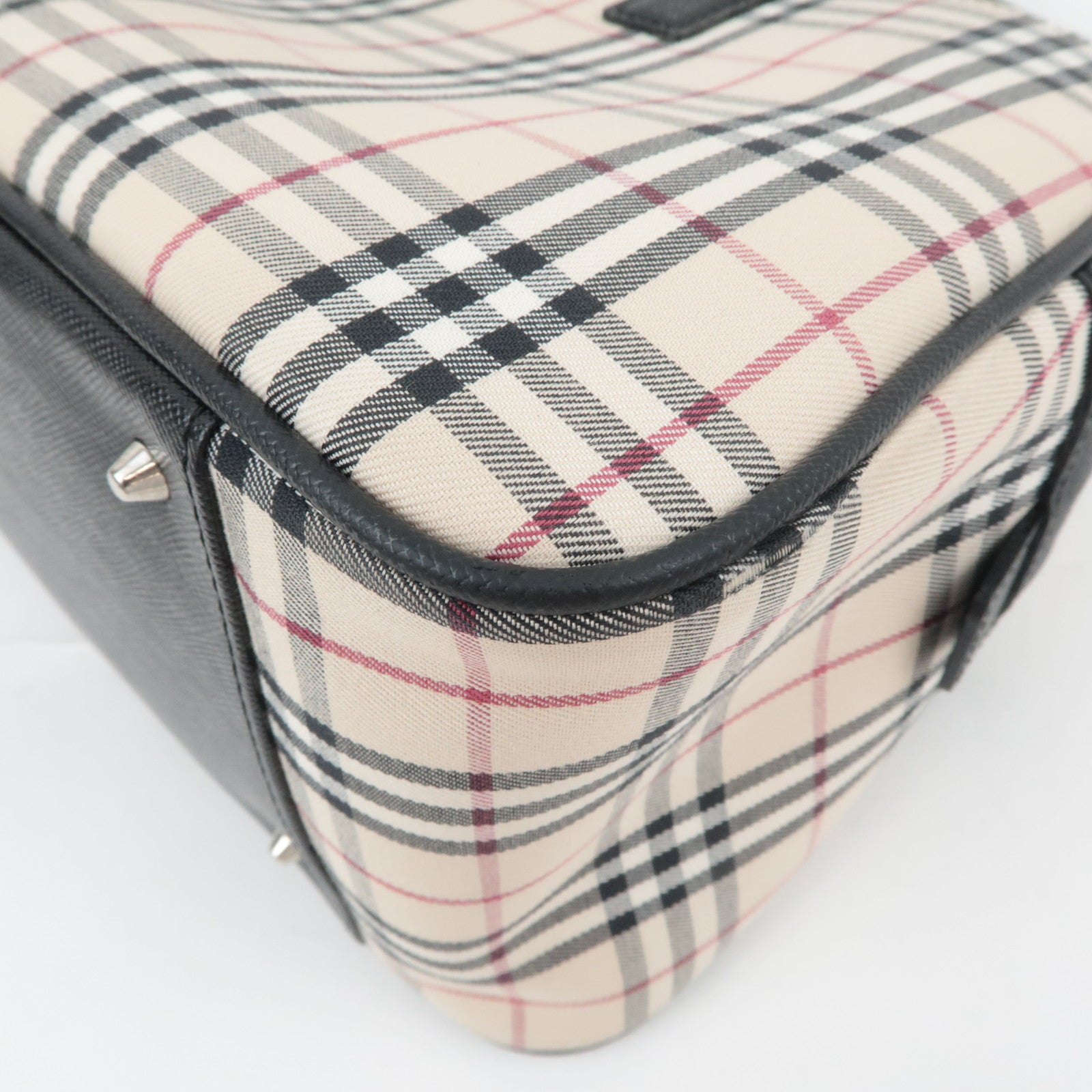 BURBERRY Nova Plaid Canvas Leather Handbag Beige Black