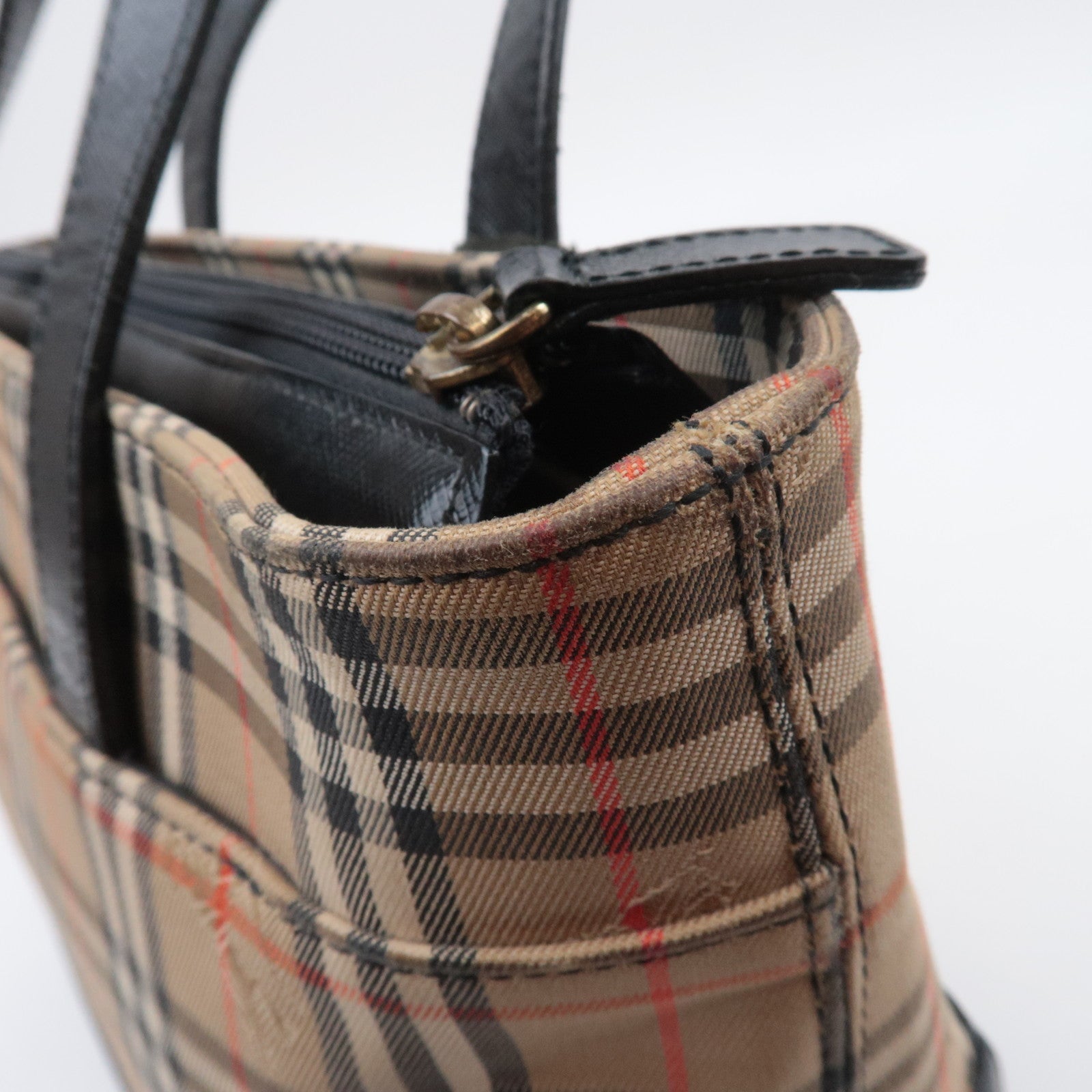 BURBERRY Nova Plaid Canvas Leather Handbag Beige Black