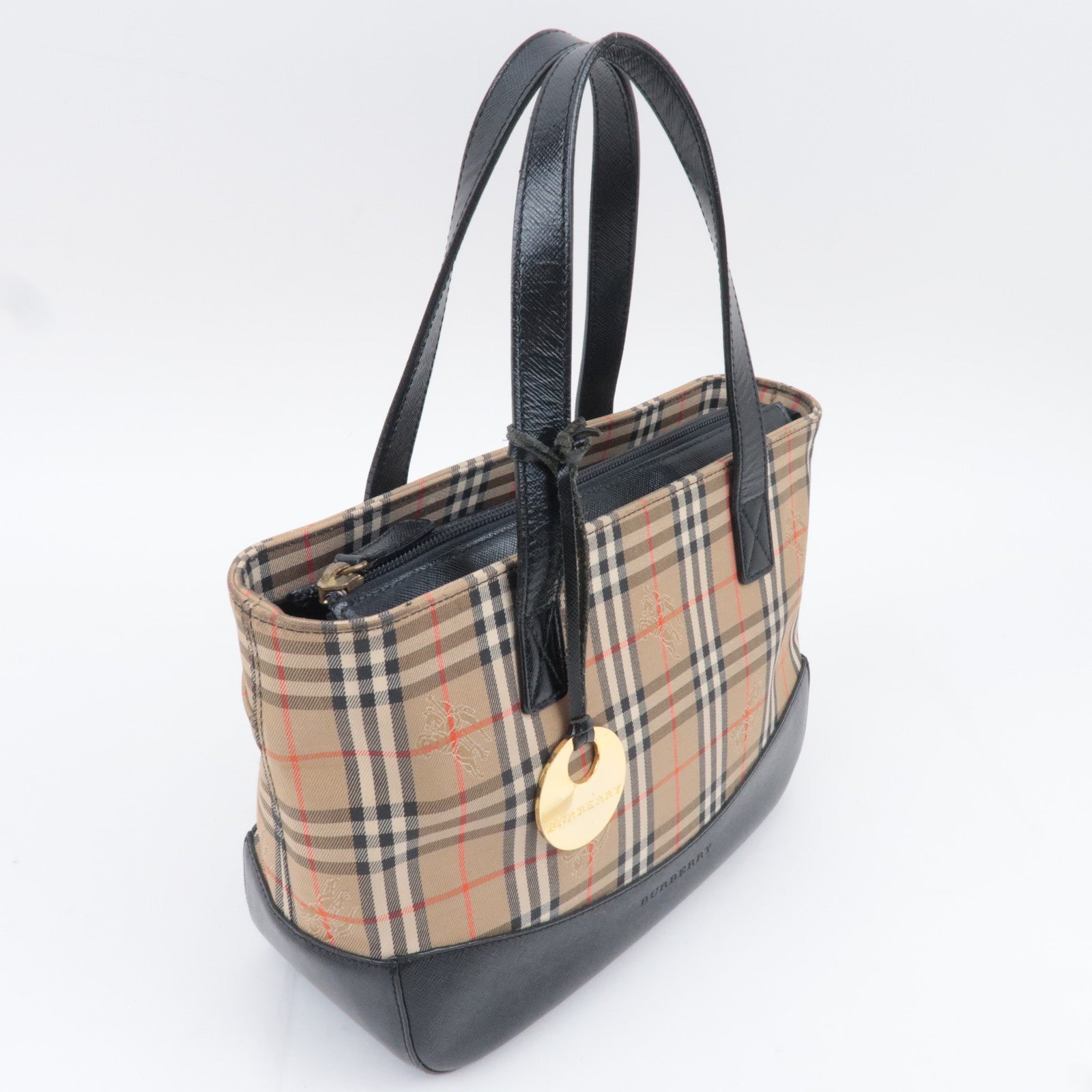 BURBERRY Nova Plaid Canvas Leather Handbag Beige Black