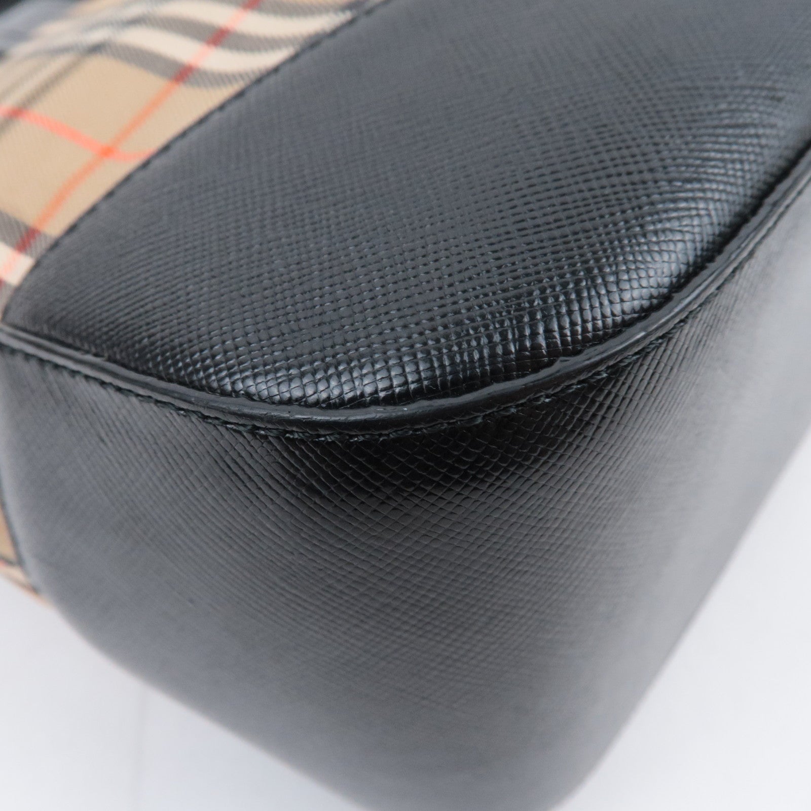 BURBERRY Nova Plaid Canvas Leather Handbag Beige Black