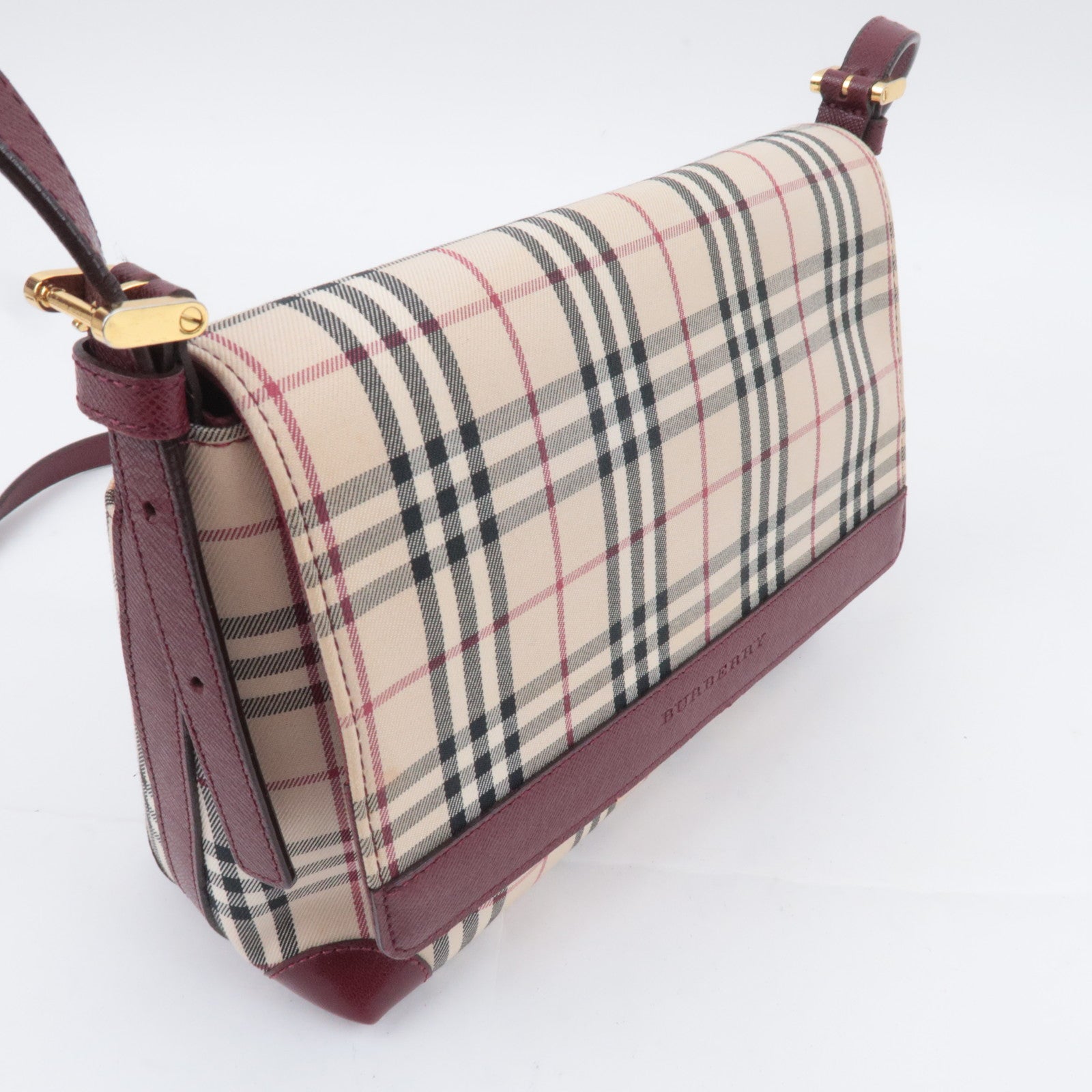 BURBERRY Nova Plaid Canvas Leather Shoulder Bag Beige Bordeaux