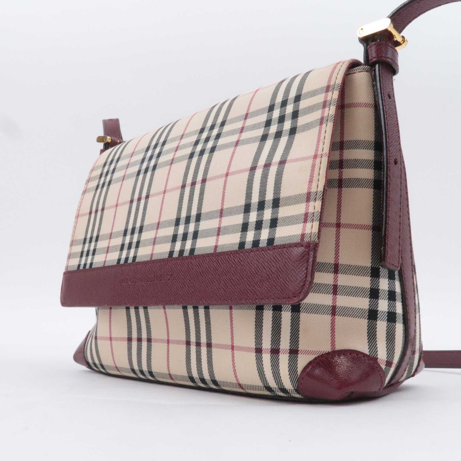 BURBERRY Nova Plaid Canvas Leather Shoulder Bag Beige Bordeaux