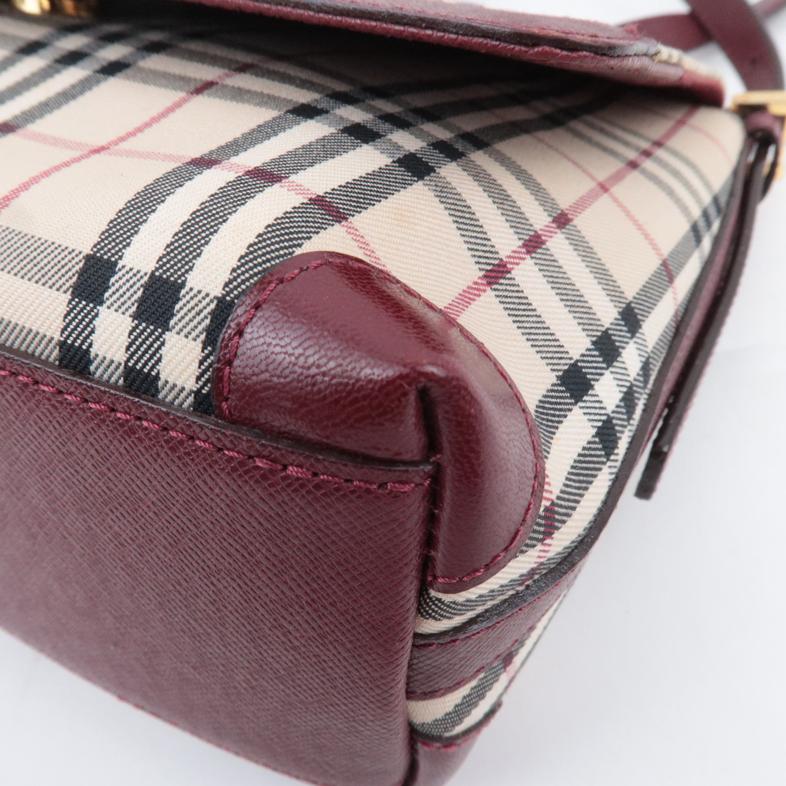 BURBERRY Nova Plaid Canvas Leather Shoulder Bag Beige Bordeaux