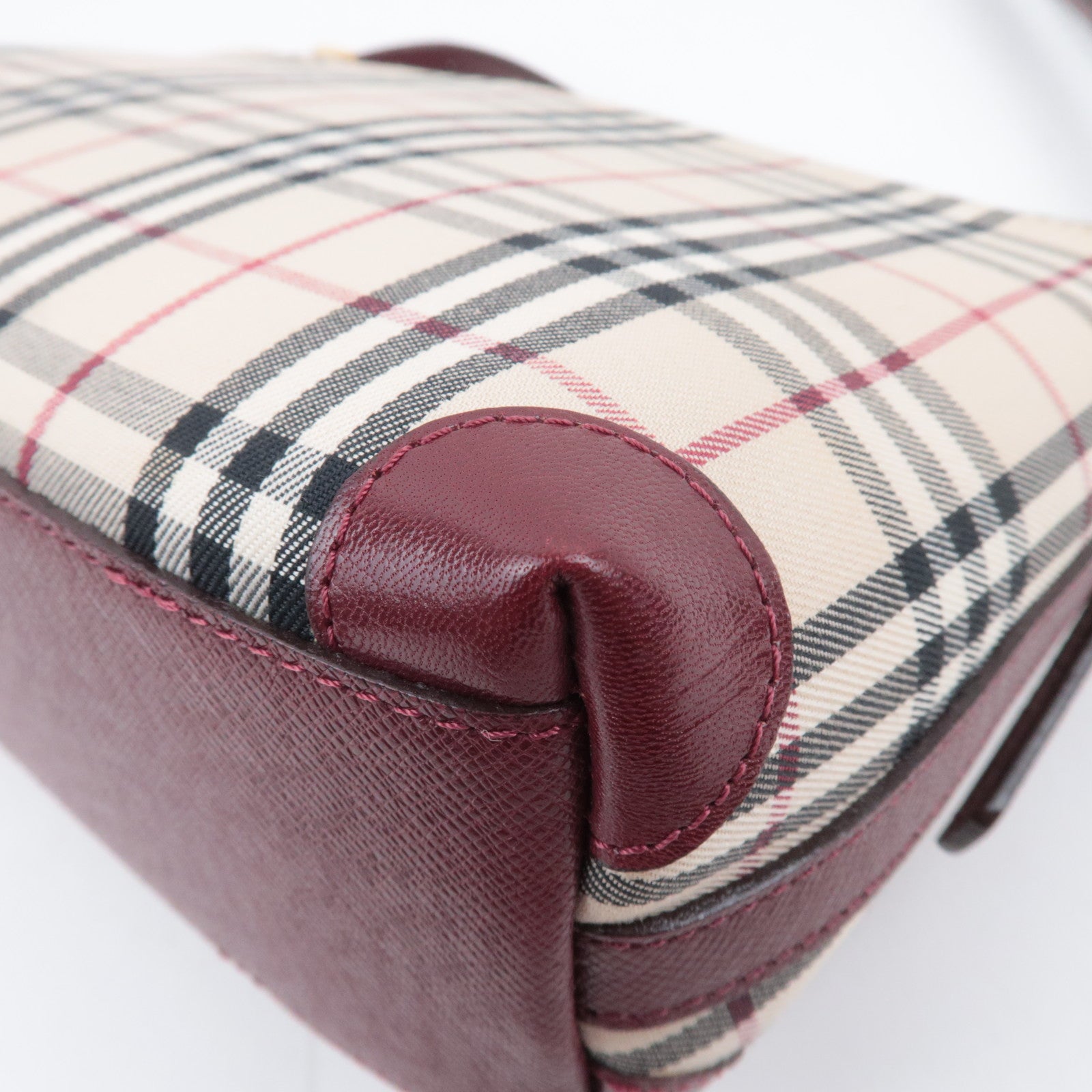 BURBERRY Nova Plaid Canvas Leather Shoulder Bag Beige Bordeaux
