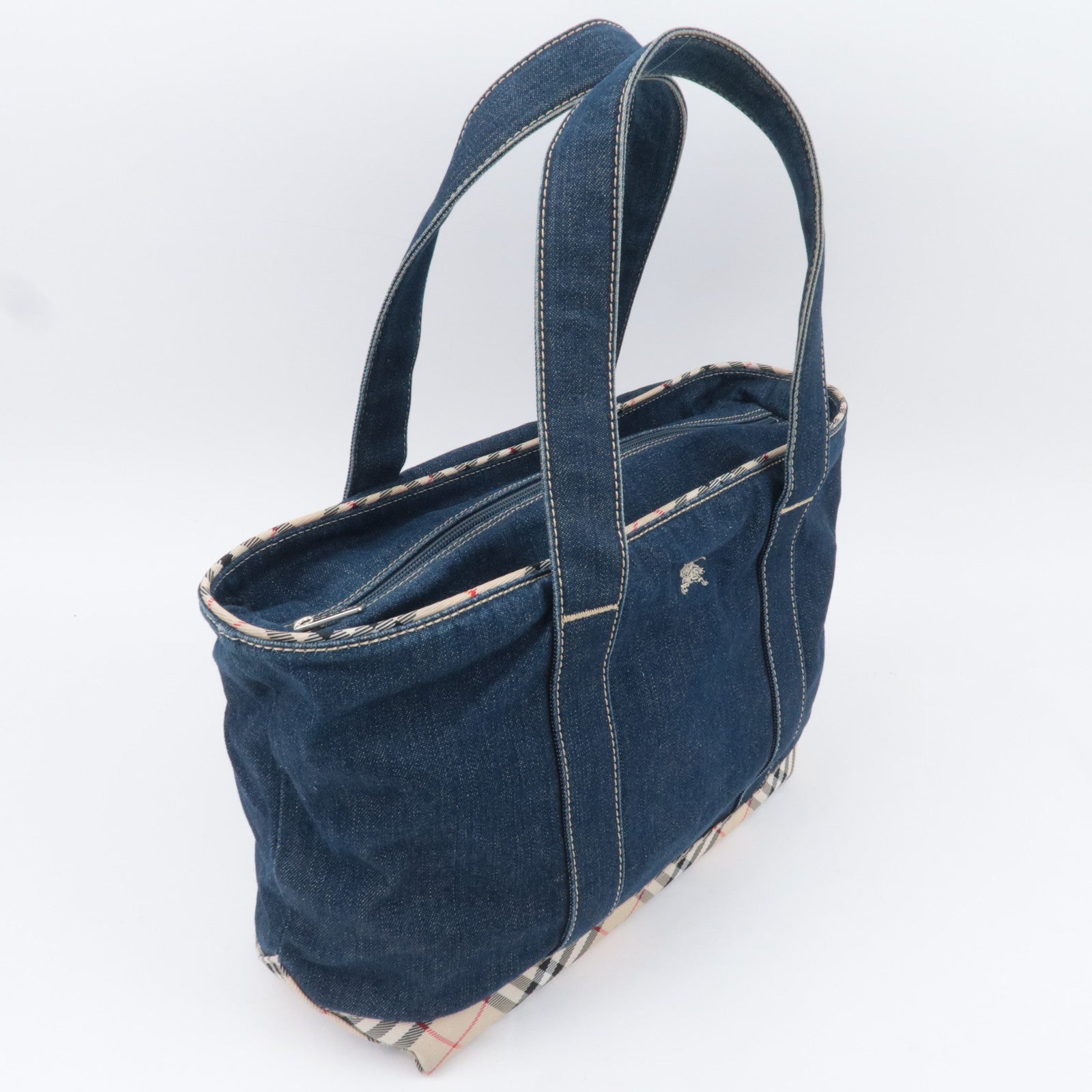 BURBERRY Blue Label Nova Plaid Denim Shoulder Bag Blue Beige