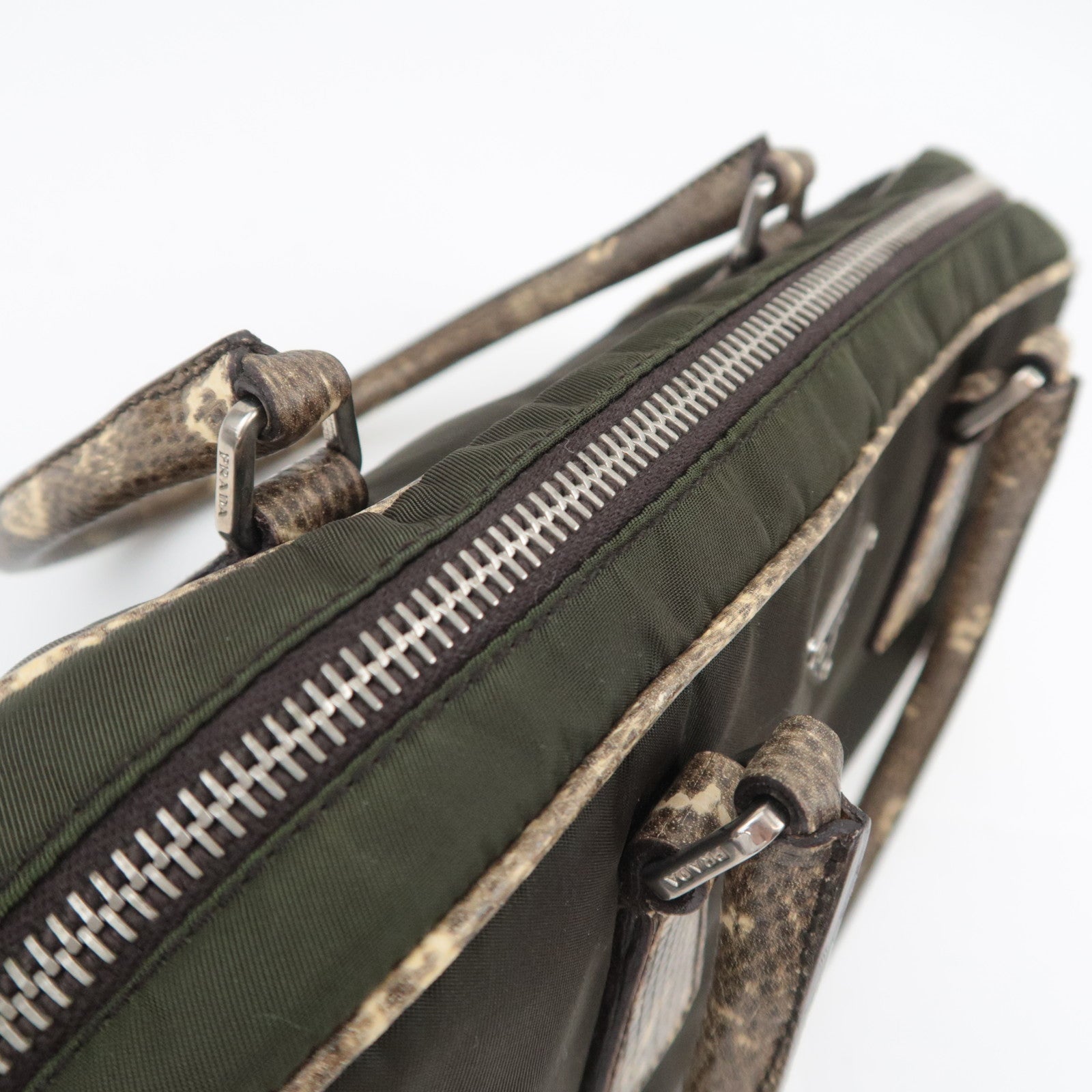 PRADA Nylon Leather Handbag Khaki B10747