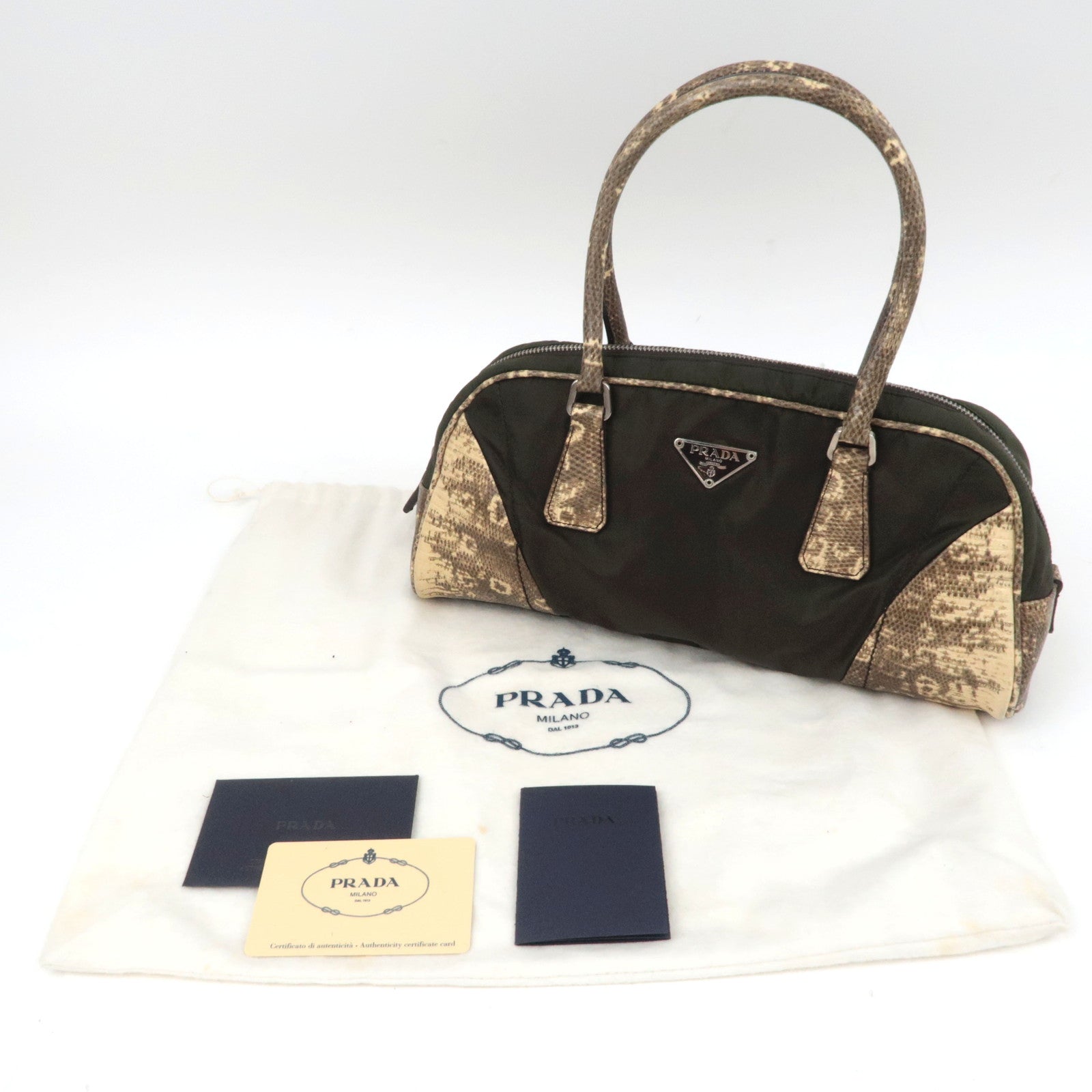 PRADA Nylon Leather Handbag Khaki B10747