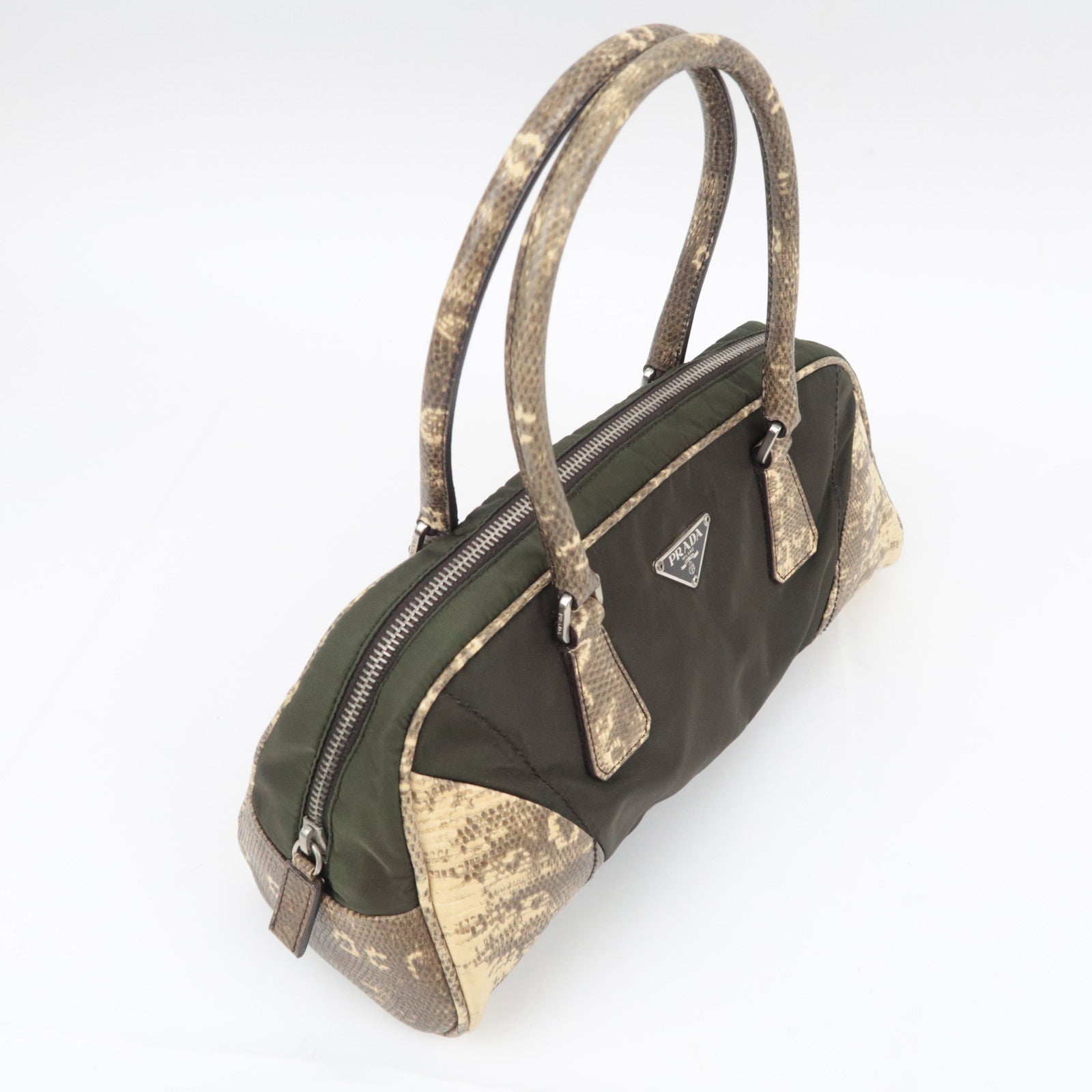 PRADA Nylon Leather Handbag Khaki B10747