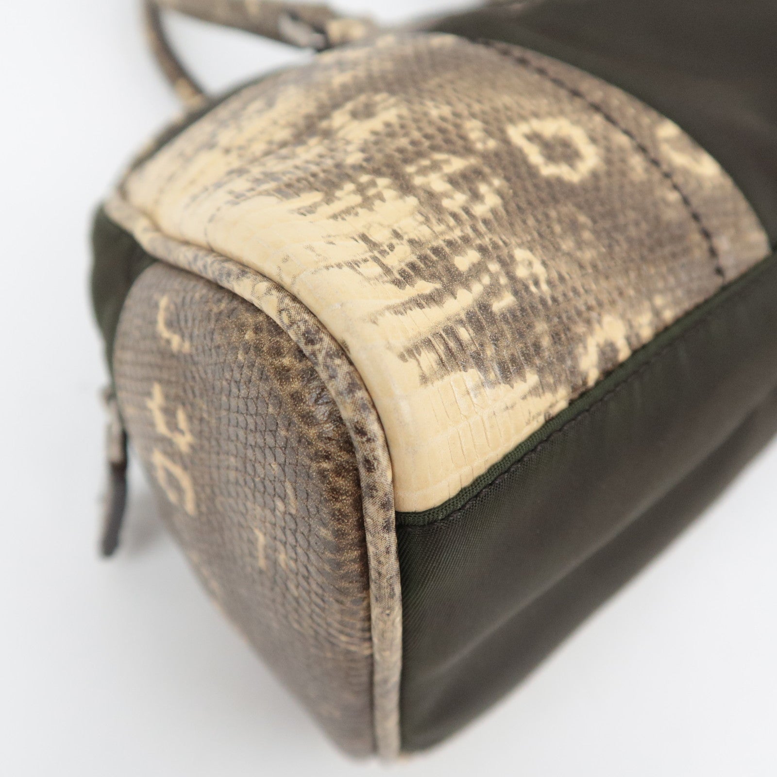 PRADA Nylon Leather Handbag Khaki B10747