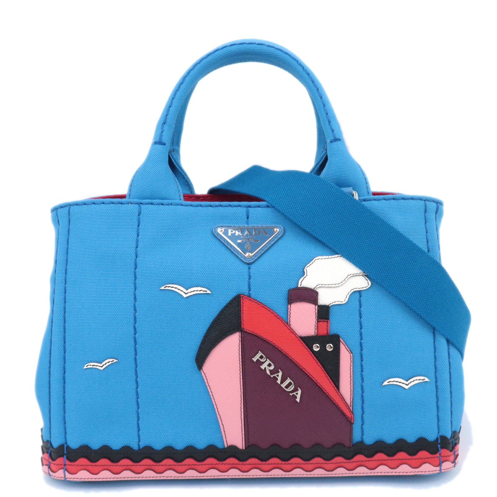 PRADA Canapa Patch Mini 2Way Canvas Tote Bag Marine Print Blue 1BG43990077