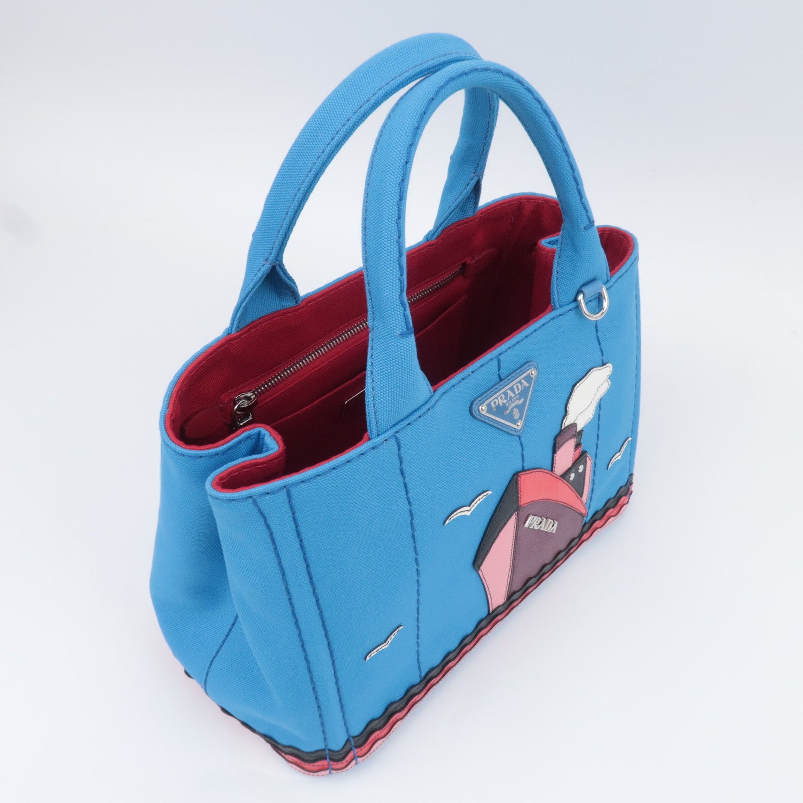 PRADA Canapa Patch Mini 2Way Canvas Tote Bag Marine Print Blue 1BG439