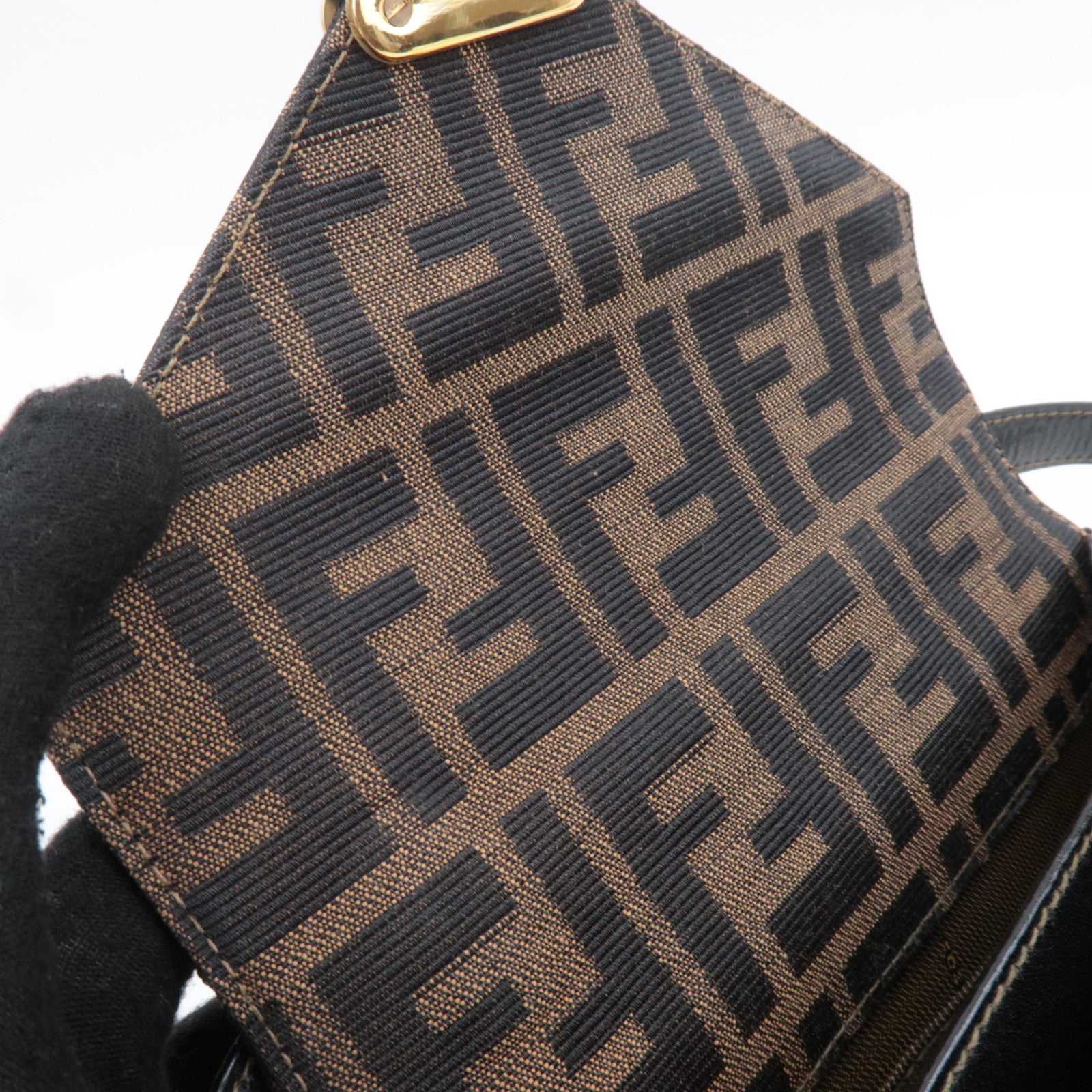 FENDI Zucca Canvas Leather Shoulder Bag Brown Black