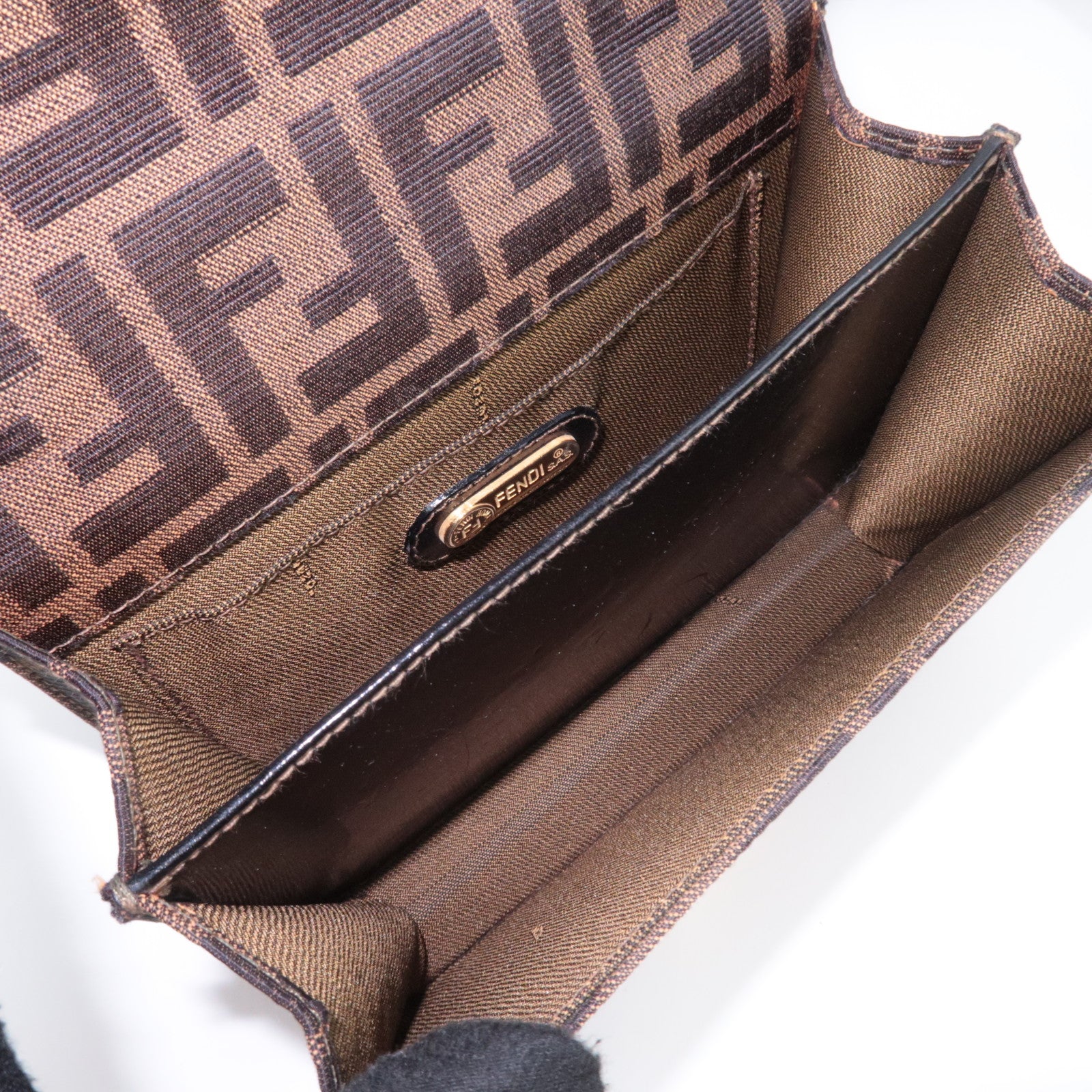 FENDI Zucca Canvas Leather Shoulder Bag Brown Black