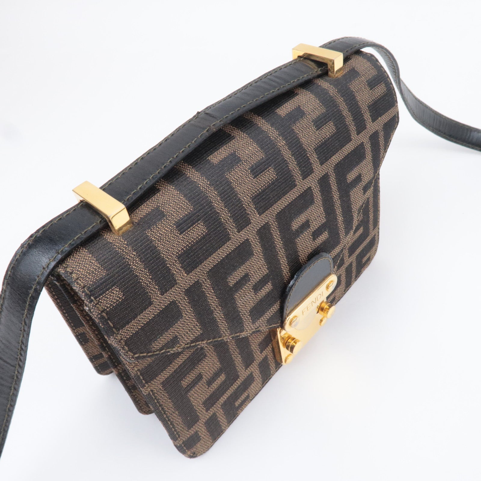 FENDI Zucca Canvas Leather Shoulder Bag Brown Black