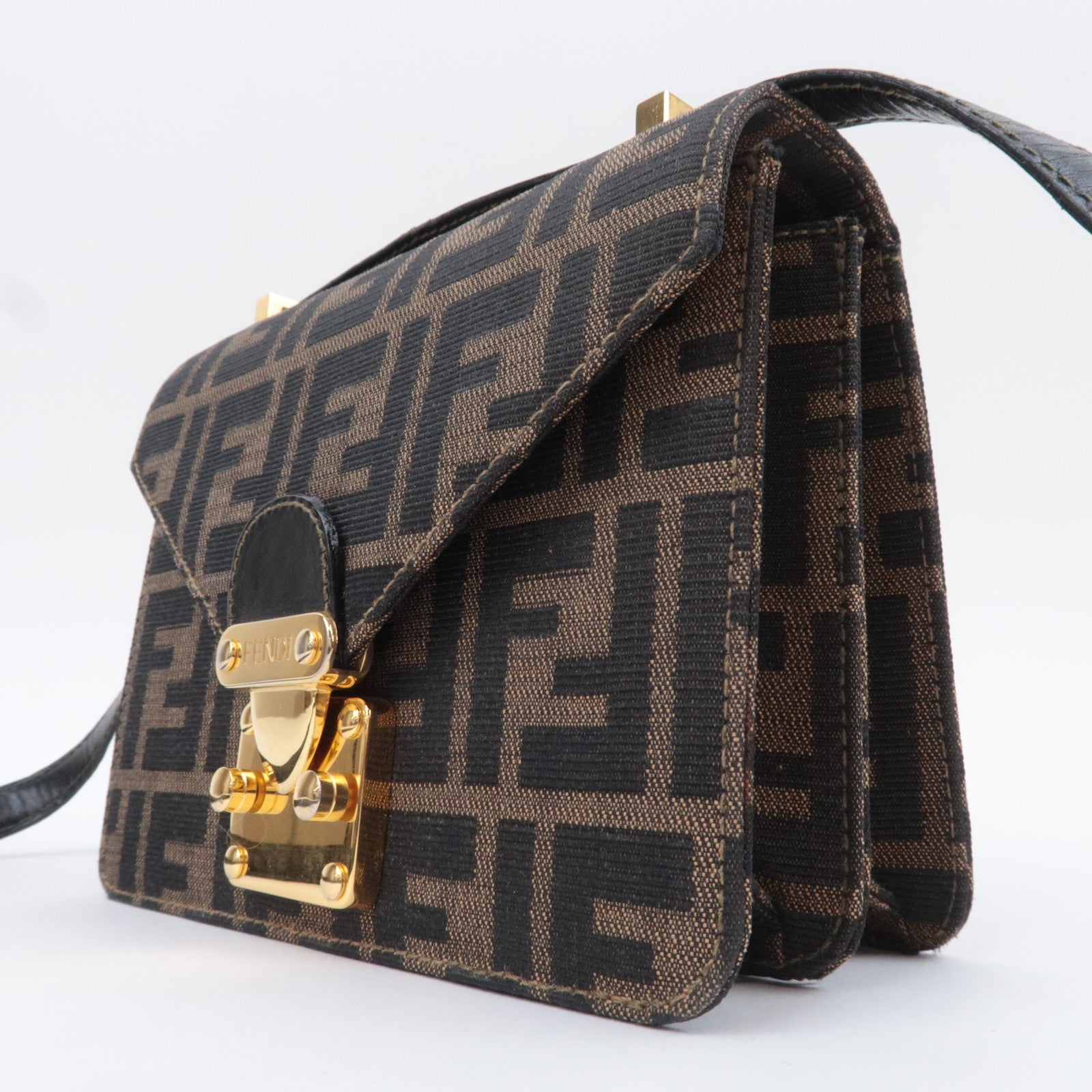 FENDI Zucca Canvas Leather Shoulder Bag Brown Black