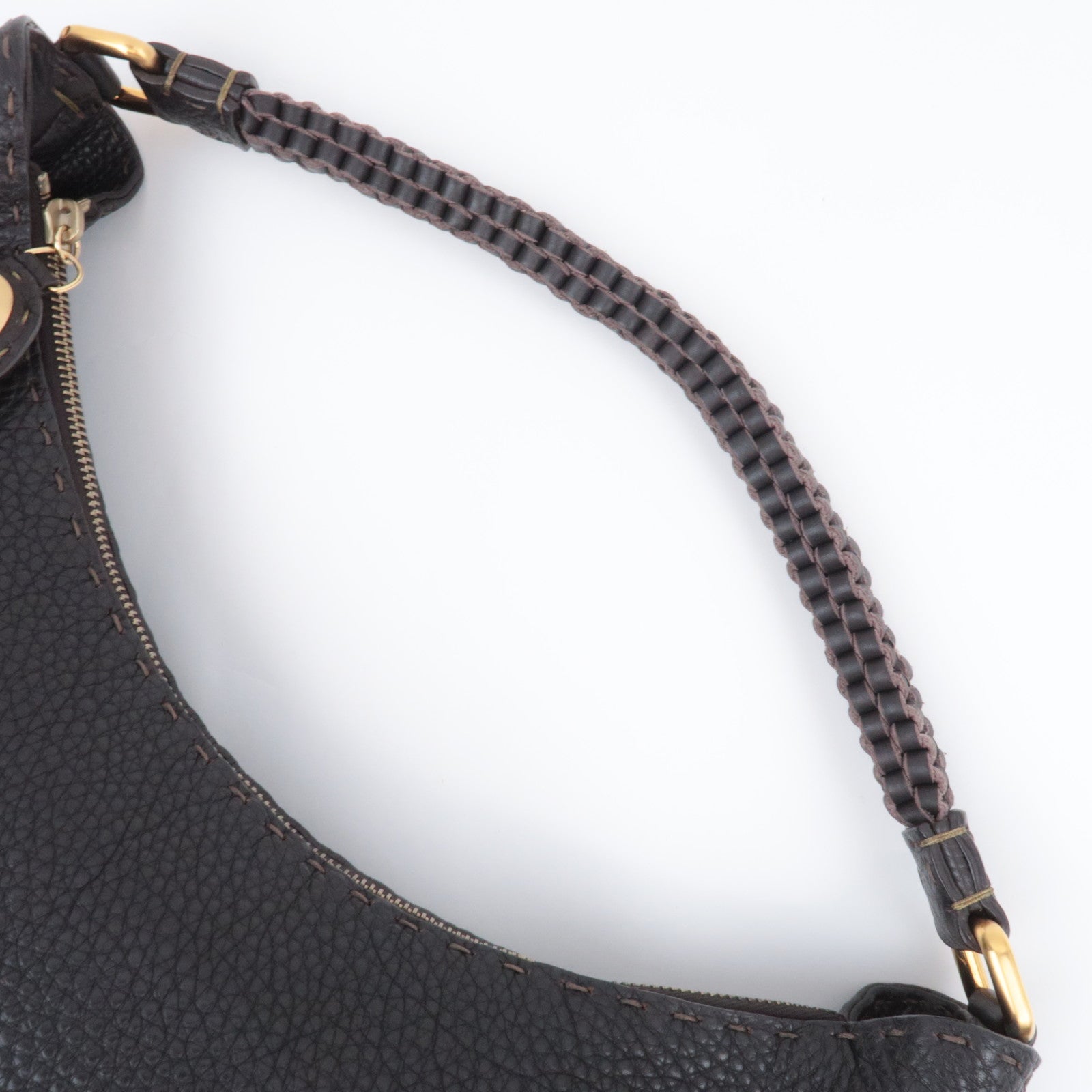 FENDI Selleria Hobo Leather Shoulder Bag Dark Brown 8BR582