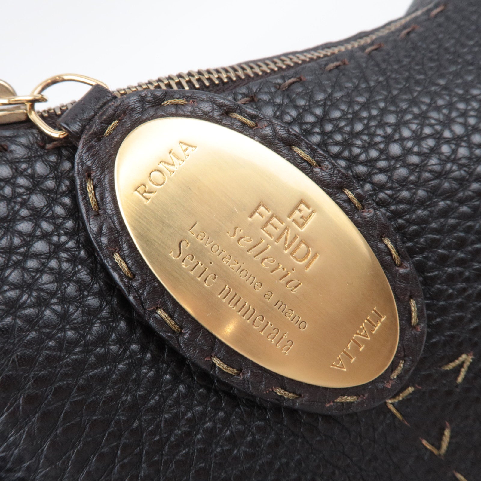 FENDI Selleria Hobo Leather Shoulder Bag Dark Brown 8BR582