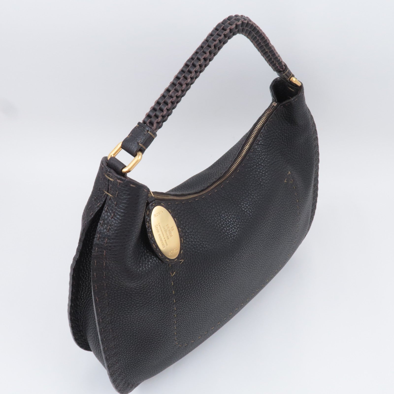 FENDI Selleria Hobo Leather Shoulder Bag Dark Brown 8BR582