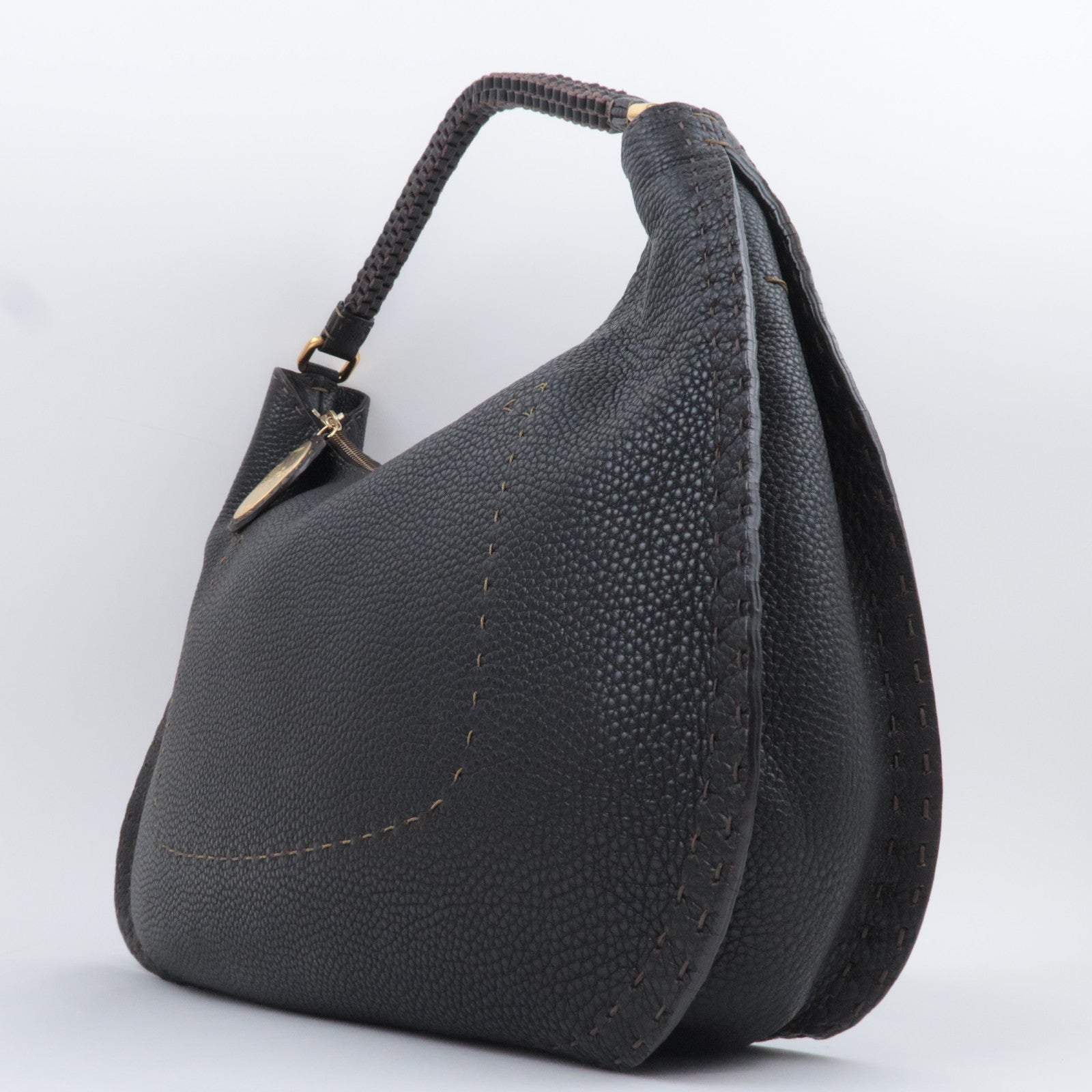 FENDI Selleria Hobo Leather Shoulder Bag Dark Brown 8BR582