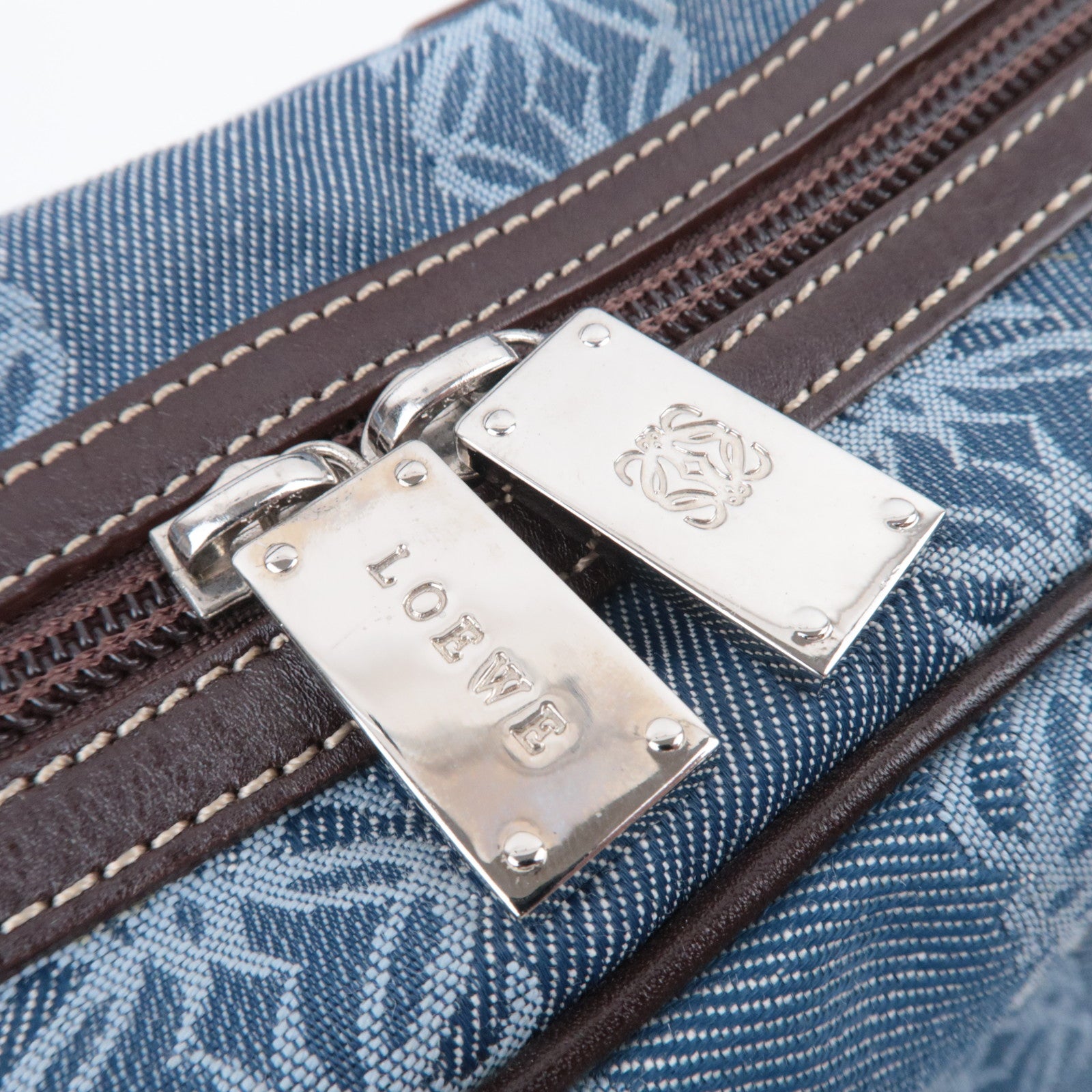 LOEWE Anagram Canvas Leather Handbag Blue Brown