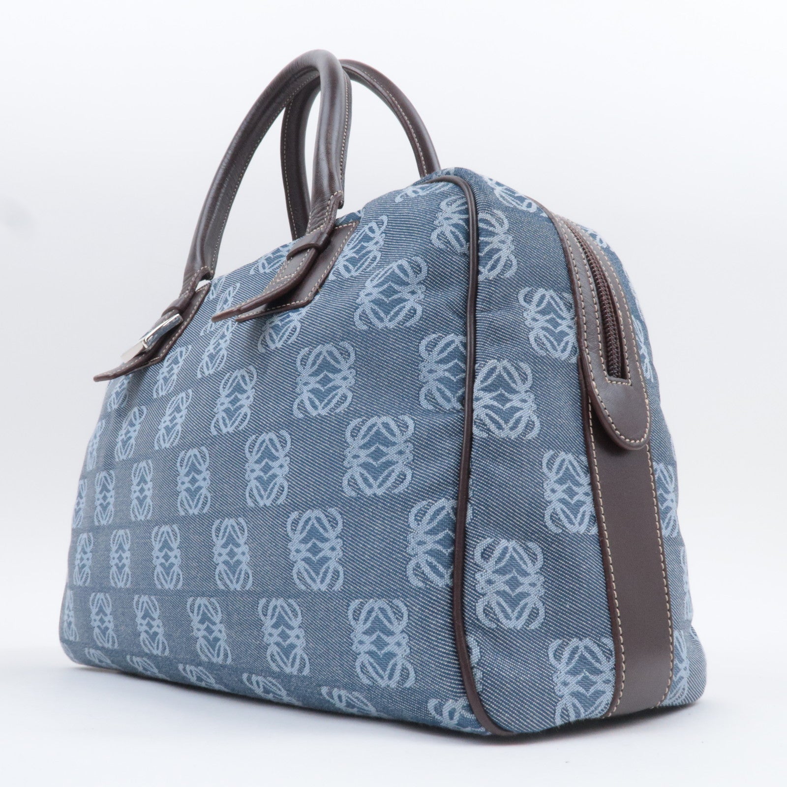 LOEWE Anagram Canvas Leather Handbag Blue Brown