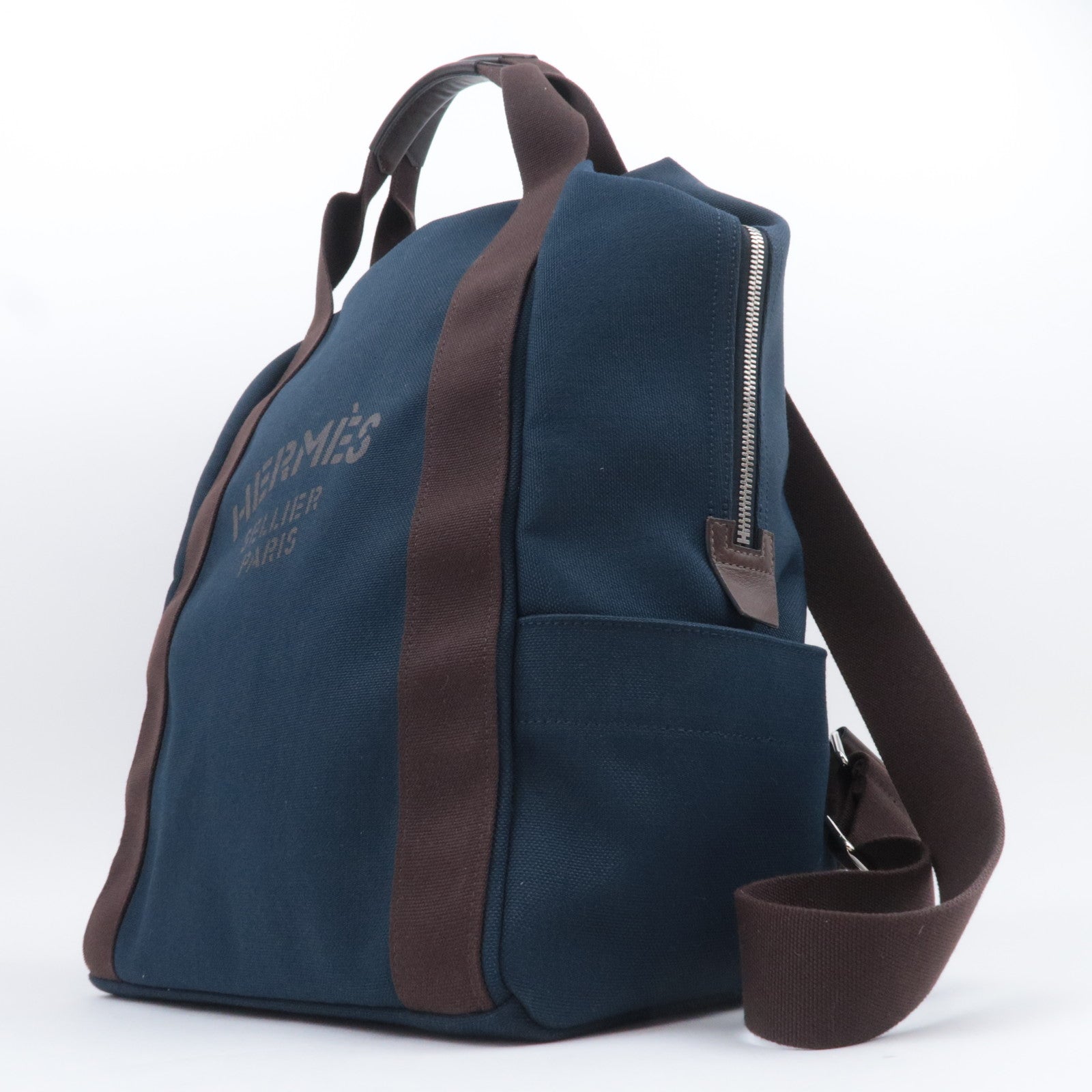 HERMES Sac De Pansage Groom Canvas Leather Backpack Navy Brown