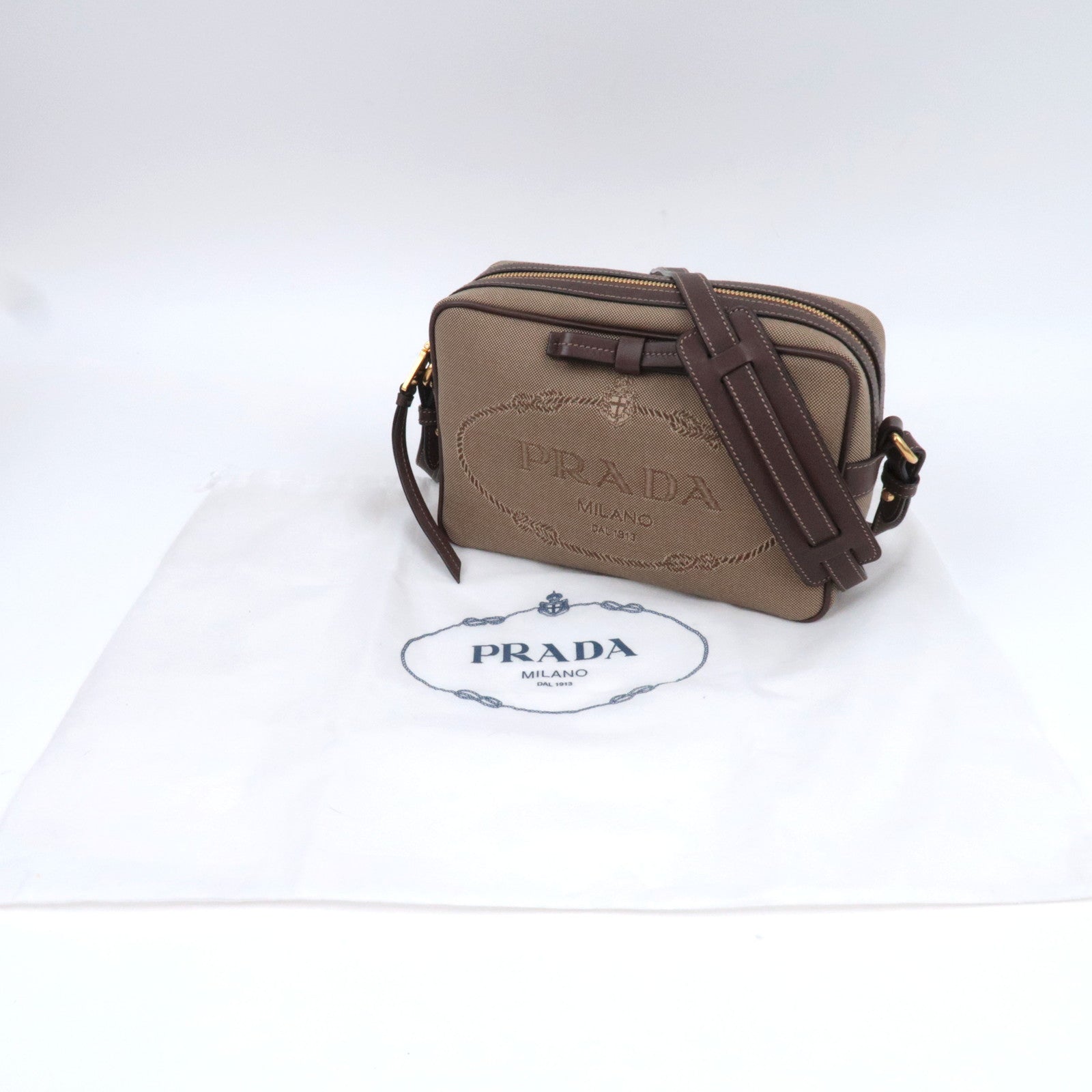 PRADA Logo Jacquard Shoulder Bag Beige