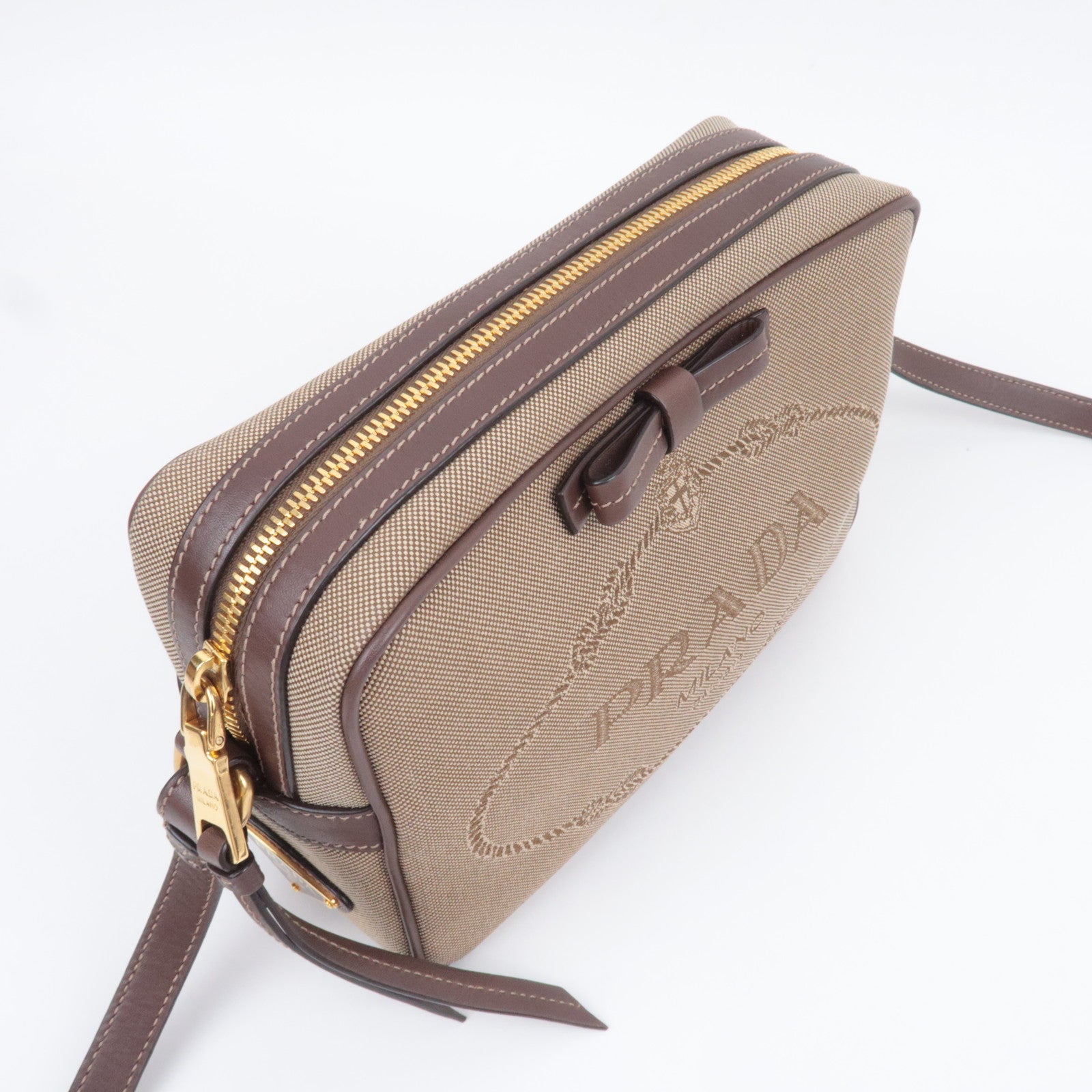 PRADA Logo Jacquard Shoulder Bag Beige