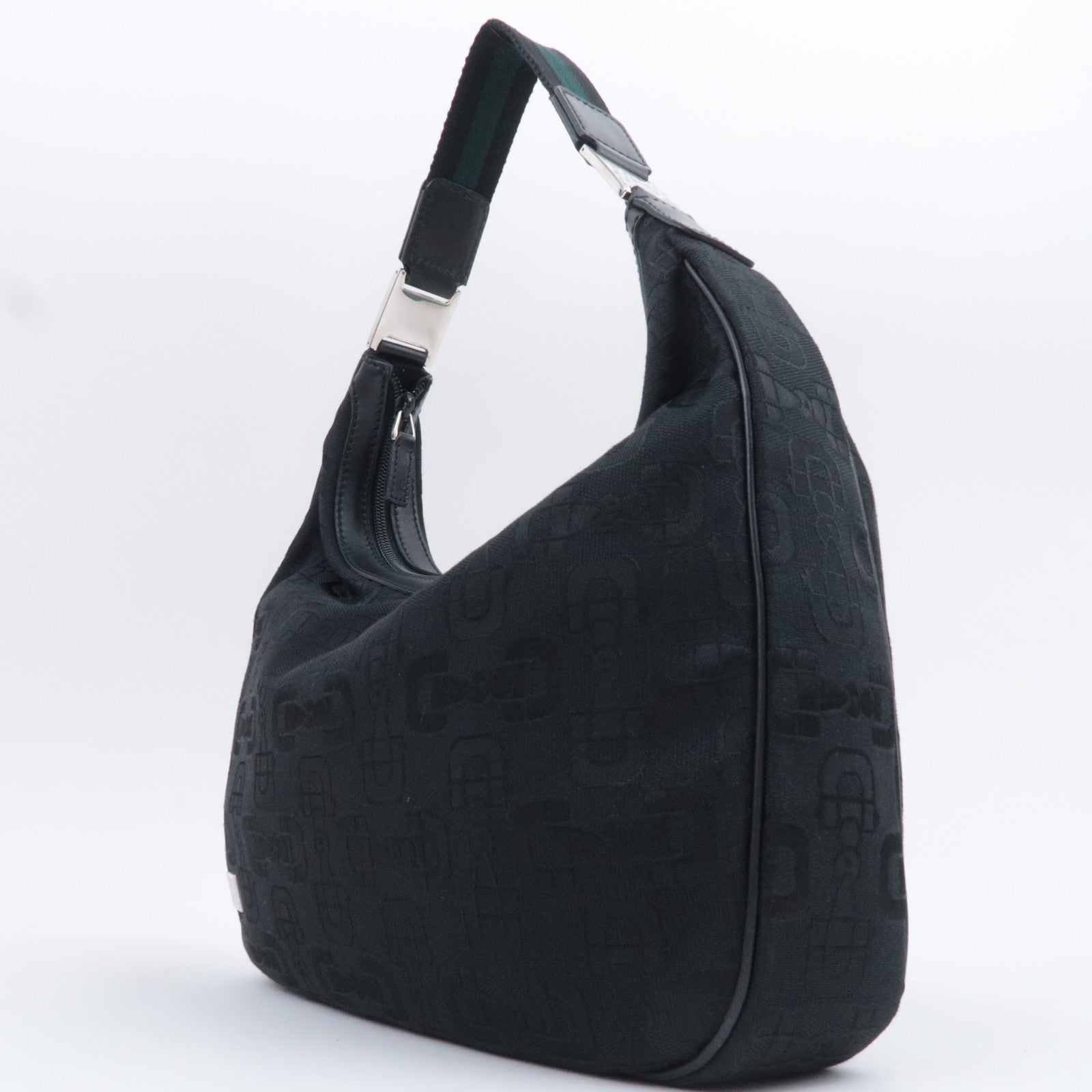 GUCCI Horsebit Canvas Leather Shoulder Bag Black Green 211524