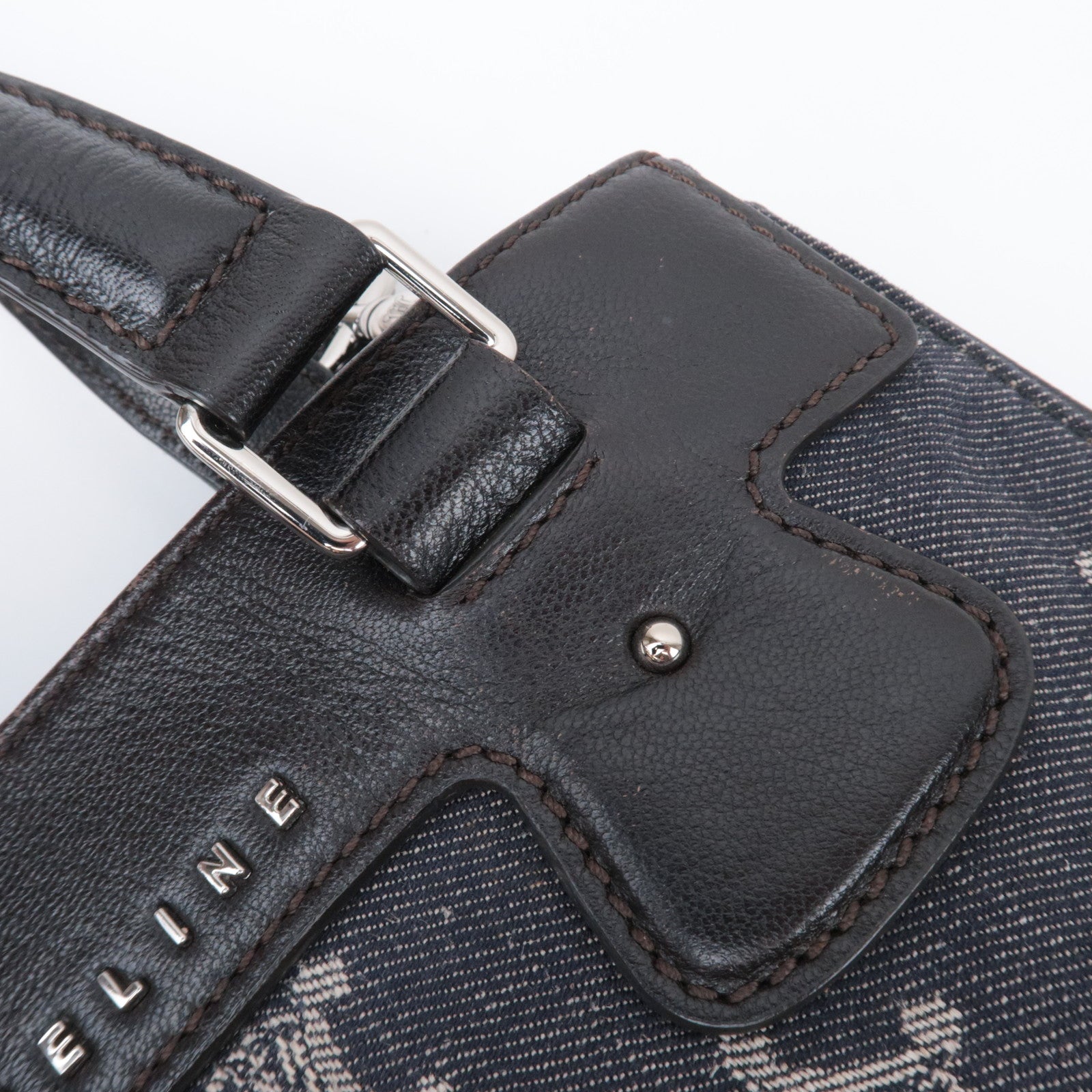 CELINE Paris Macadam 2Way Denim Leather Handbag Navy Black *Strap, Clochette