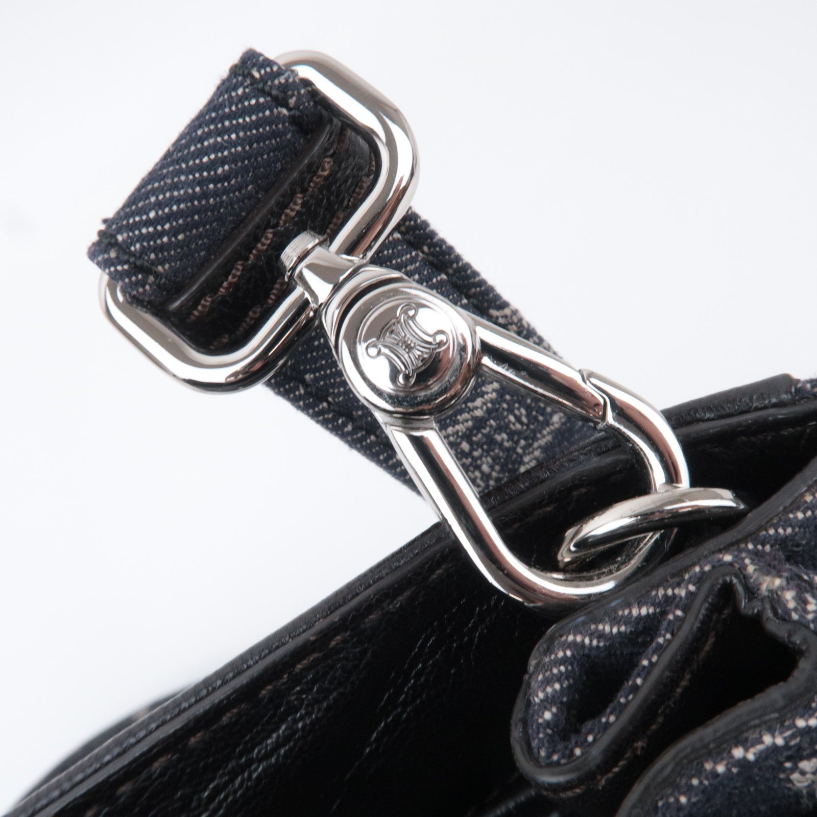 CELINE Paris Macadam 2Way Denim Leather Handbag Navy Black *Strap, Clochette
