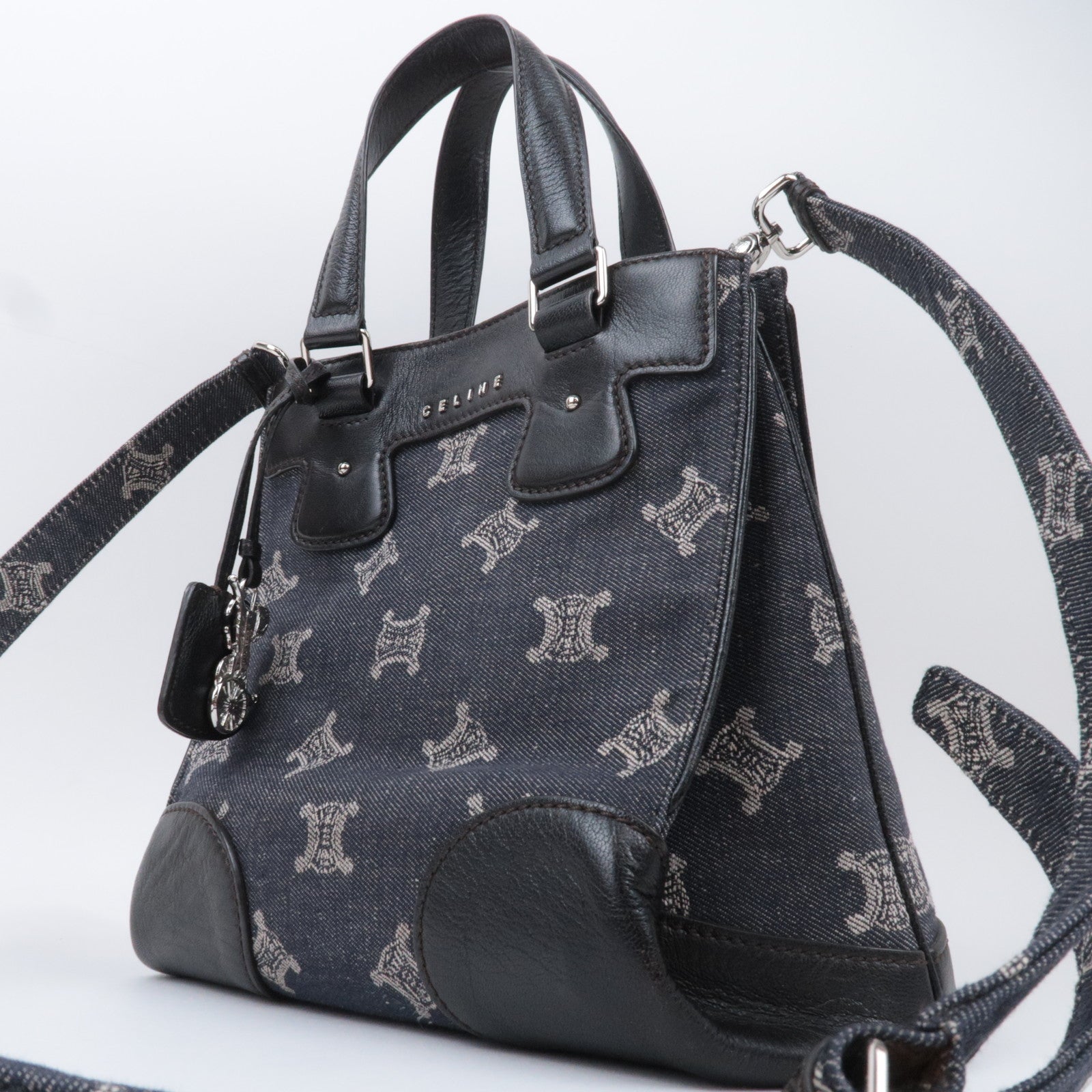 CELINE Paris Macadam 2Way Denim Leather Handbag Navy Black *Strap, Clochette