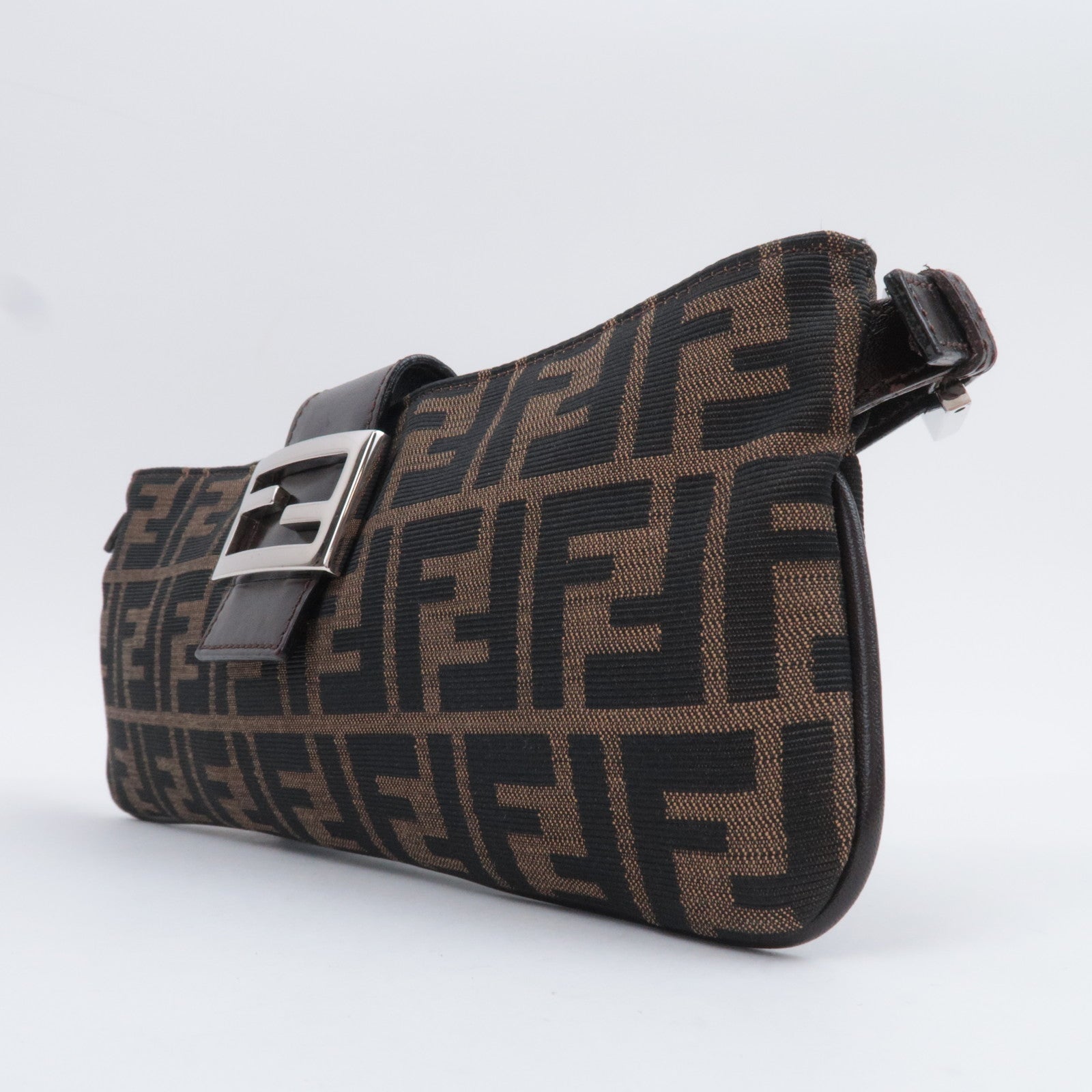 FENDI Zucca Canvas Leather Shoulder Bag Brown Black