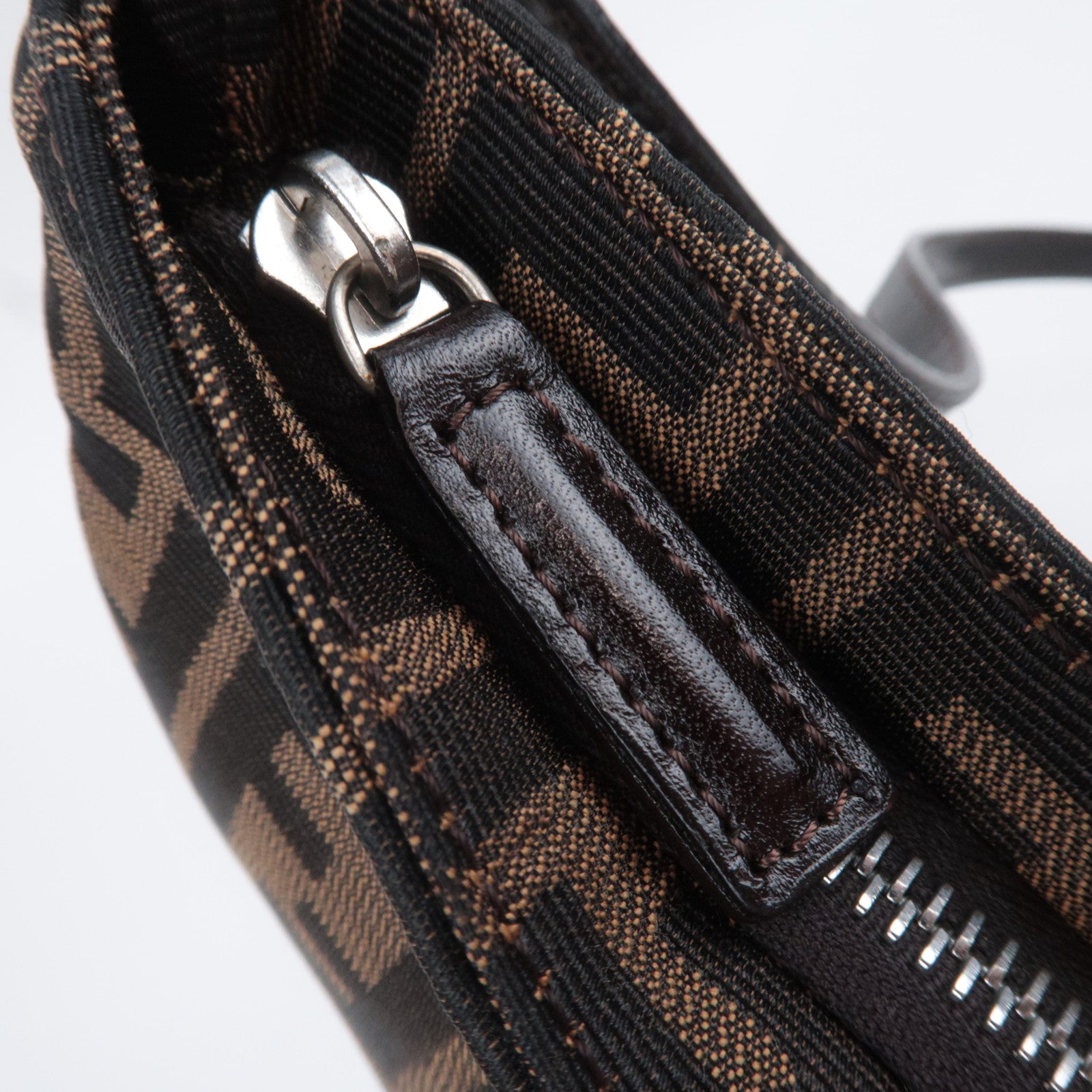 FENDI Zucca Canvas Leather Shoulder Bag Brown Black