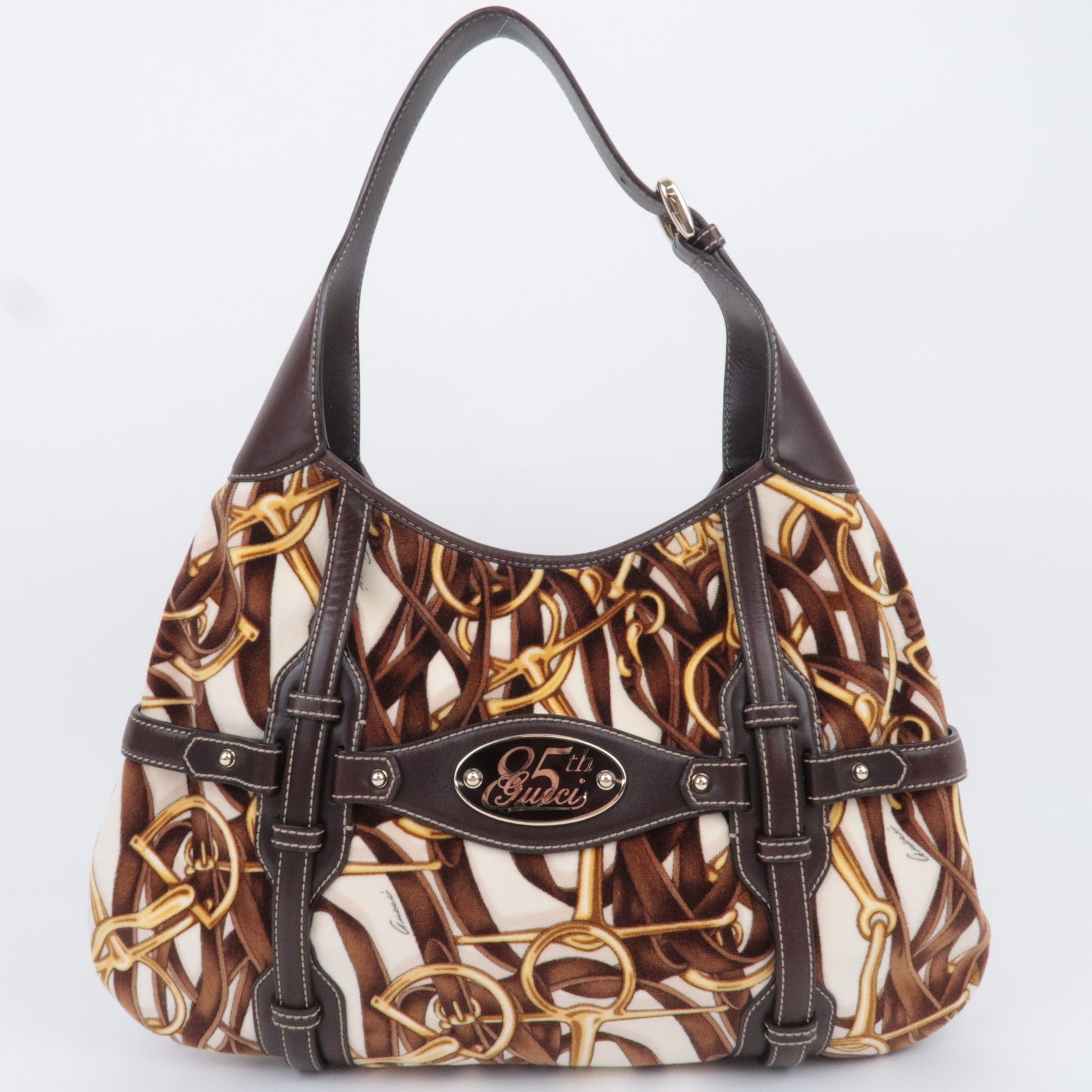 GUCCI Horsebit Velour Leather Shoulder Bag Brown