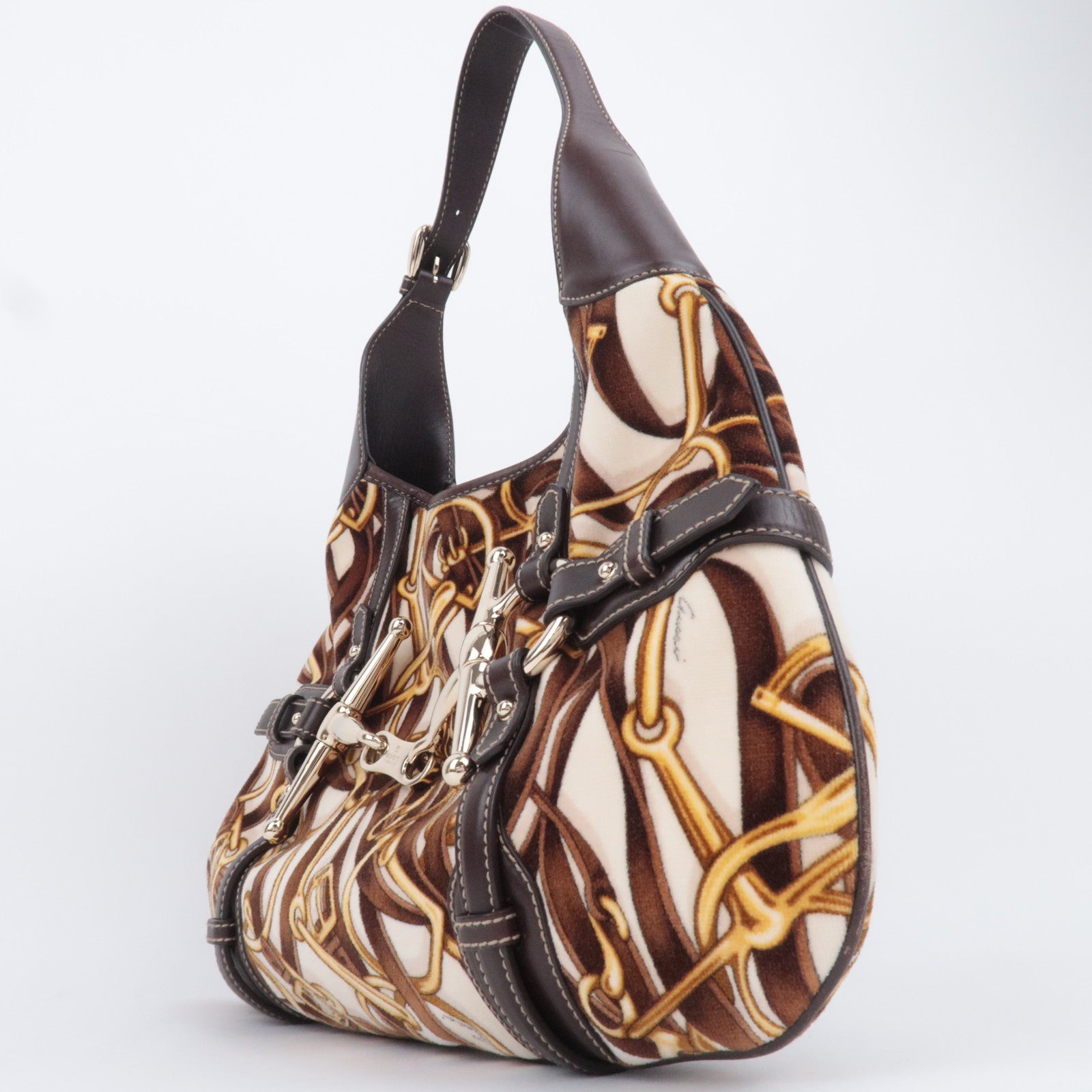 GUCCI Horsebit Velour Leather Shoulder Bag Brown
