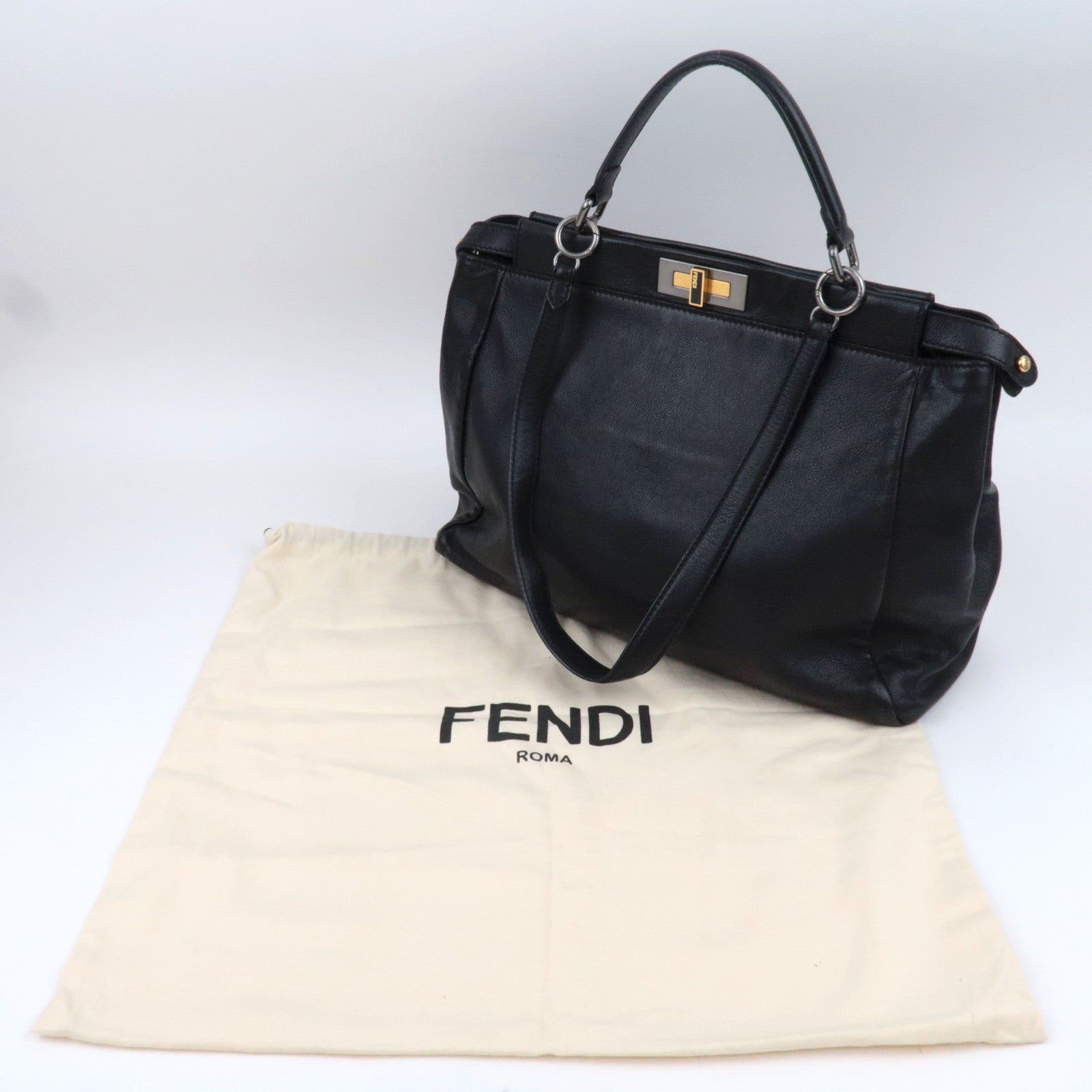 FENDI Peekaboo Large 2Way Leather Handbag Black 8BN210