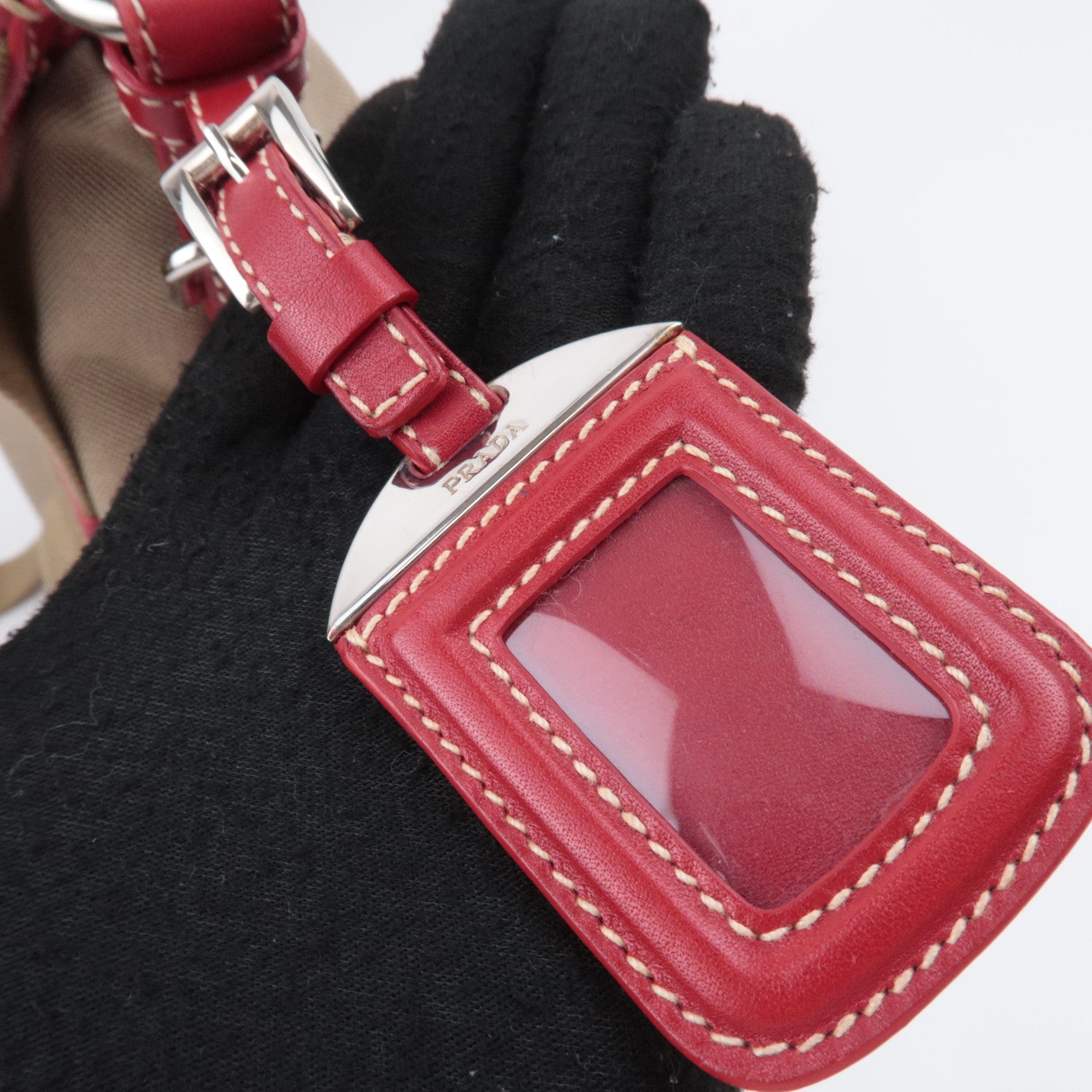PRADA Logo Jacquard Shoulder Bag Beige Red