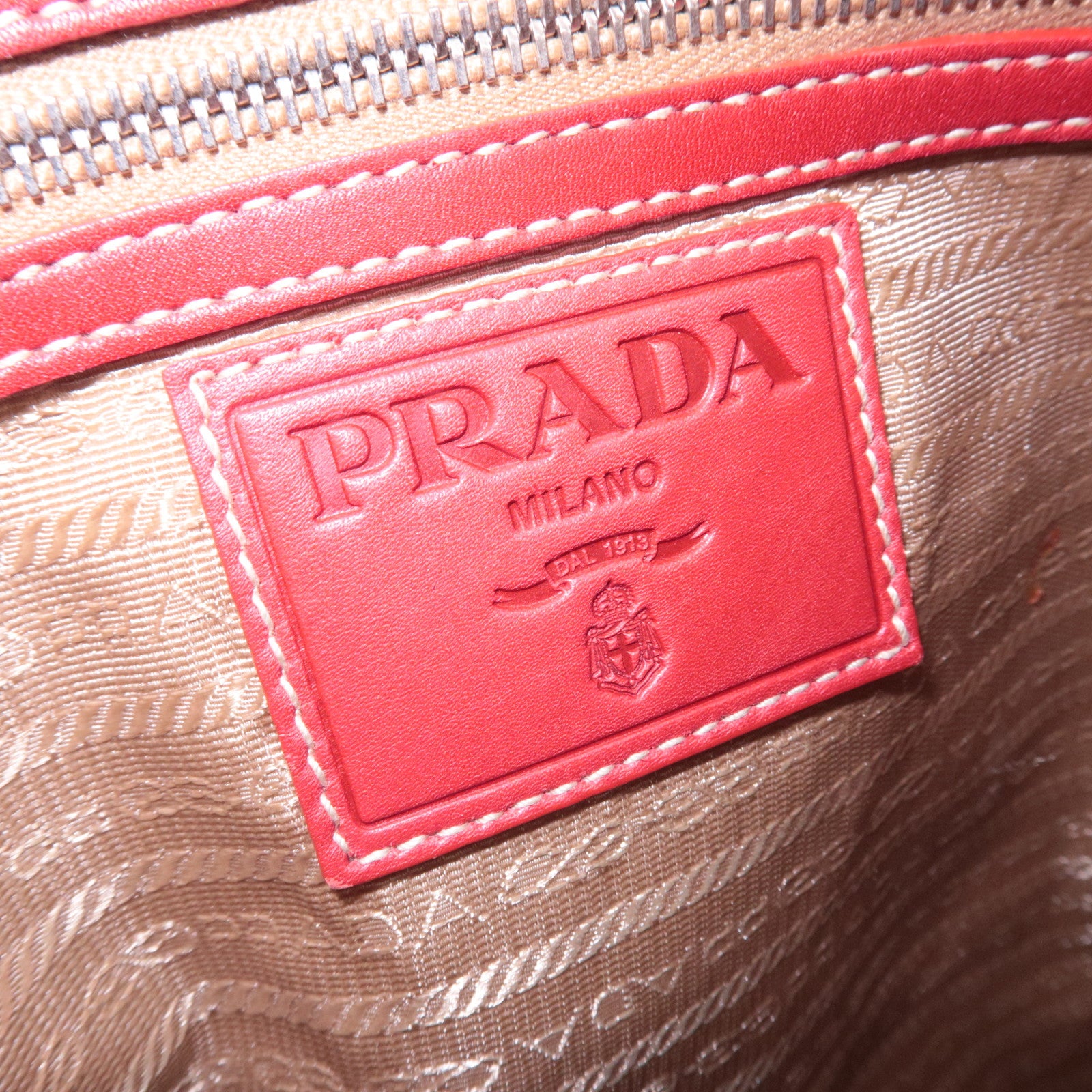 PRADA Logo Jacquard Shoulder Bag Beige Red