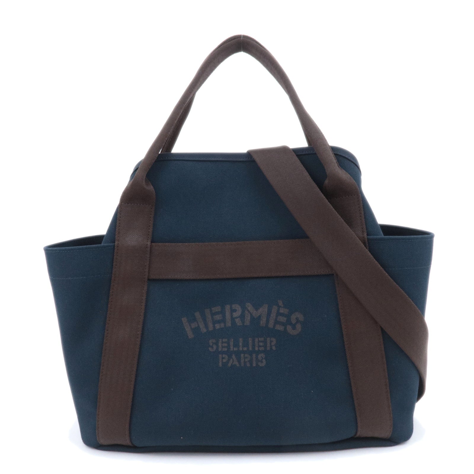 HERMES Sac De Pansage Groom 2Way Canvas Leather Tote Bag Navy Brown90172