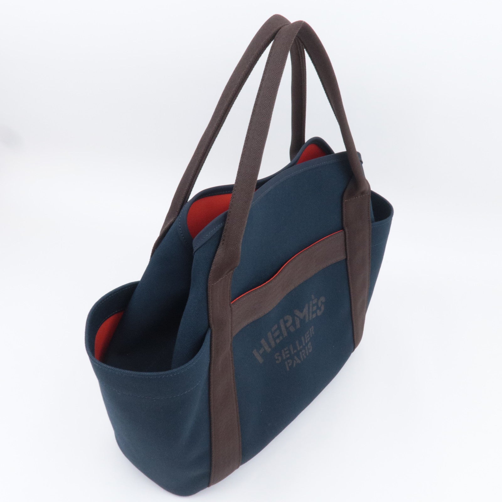 HERMES Sac De Pansage Groom 2Way Canvas Leather Tote Bag Navy Brown