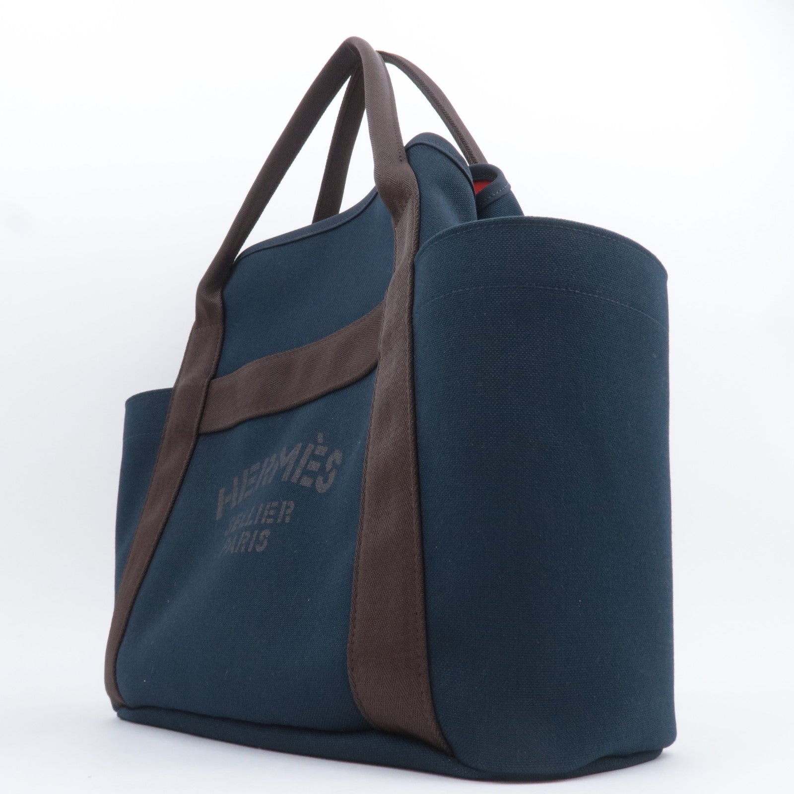 HERMES Sac De Pansage Groom 2Way Canvas Leather Tote Bag Navy Brown
