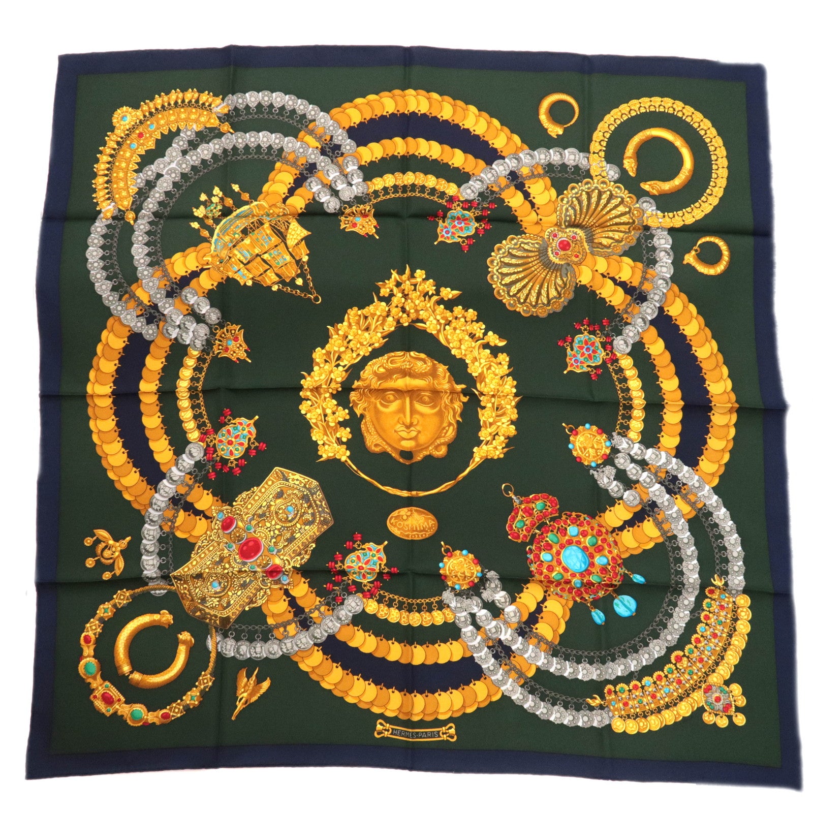 HERMES Carre 90 Scarf KOSMIMA 100% Silk Dark Green Navy90180
