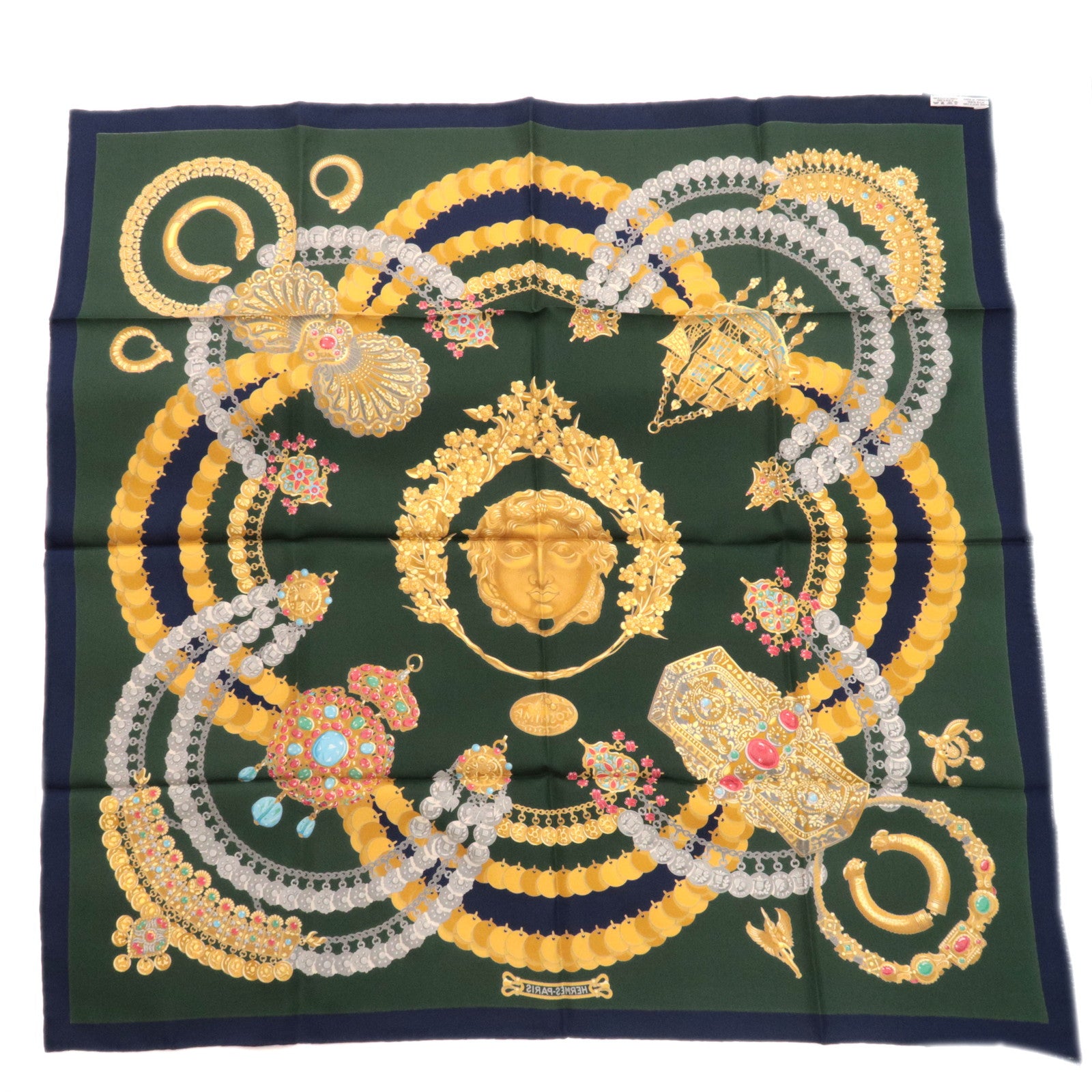 HERMES Carre 90 Scarf KOSMIMA 100% Silk Dark Green Navy
