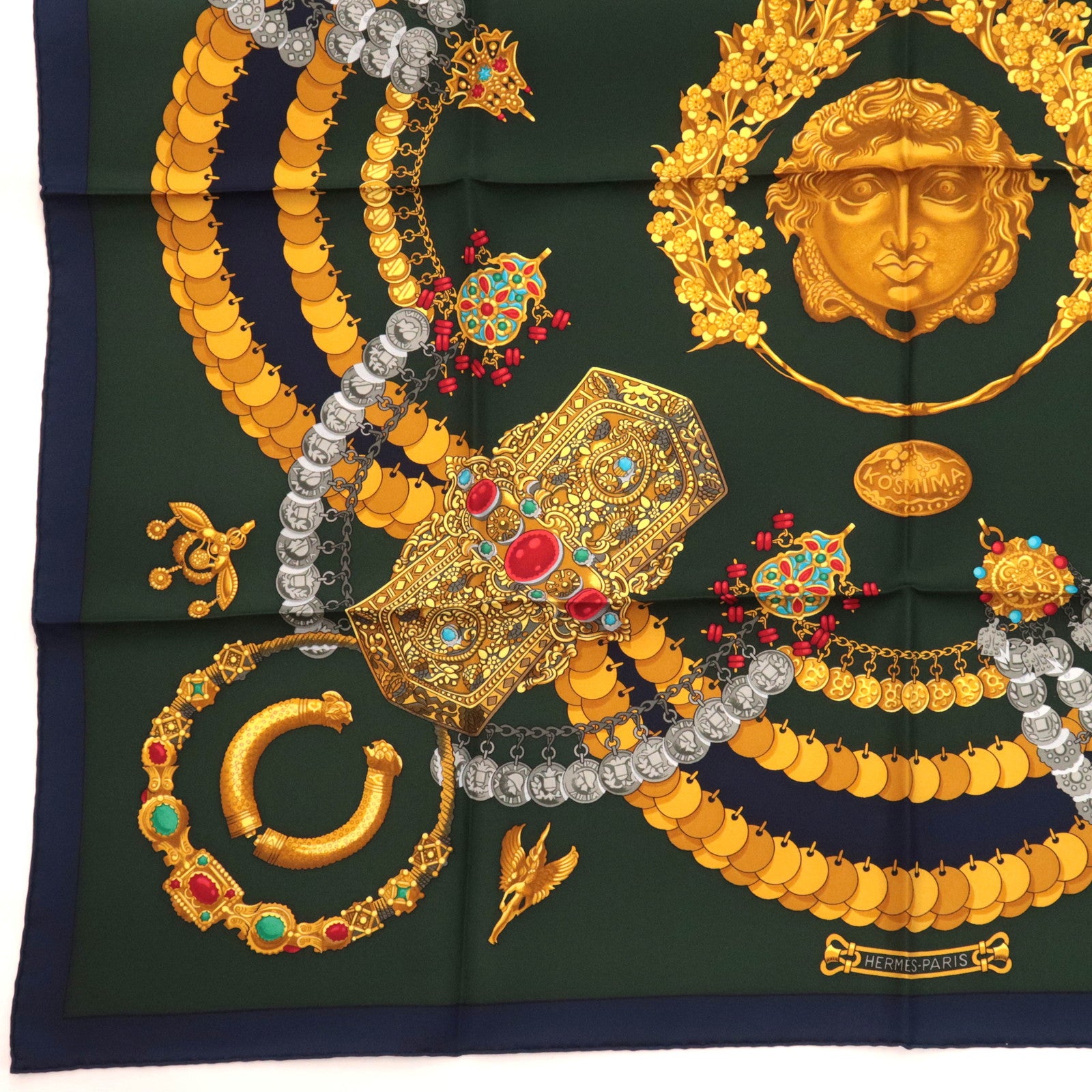 HERMES Carre 90 Scarf KOSMIMA 100% Silk Dark Green Navy