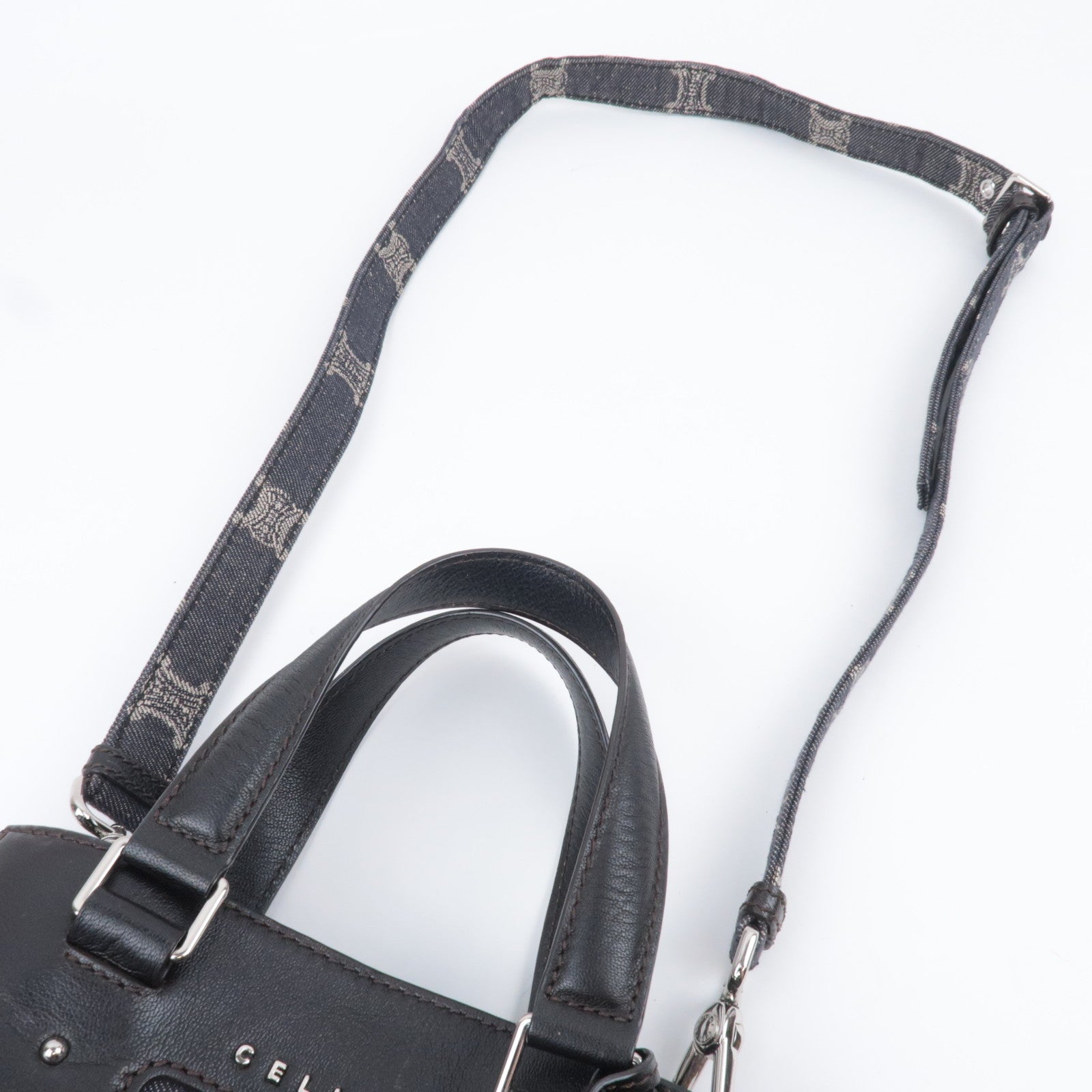 CELINE Paris Macadam 2Way Denim Leather Handbag Navy Brown
